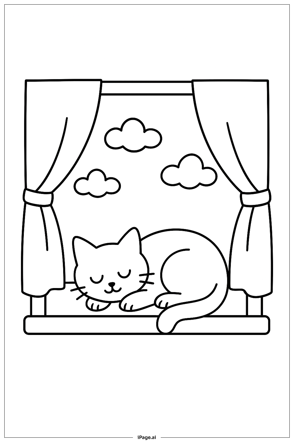  Página para colorear de Siesta en la ventana con cortinas 