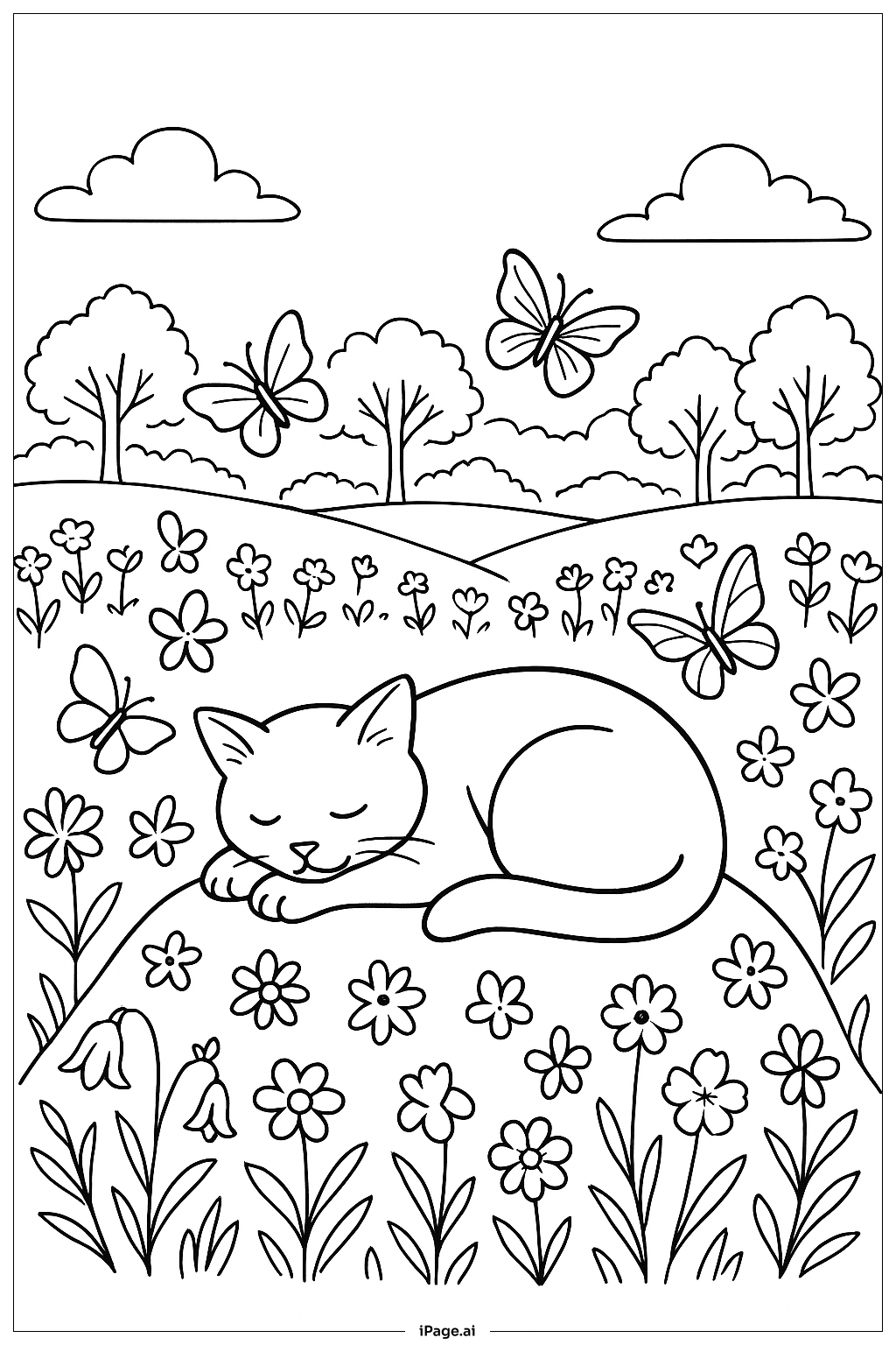 夜明けの蝶とお昼寝猫の塗り絵ページ