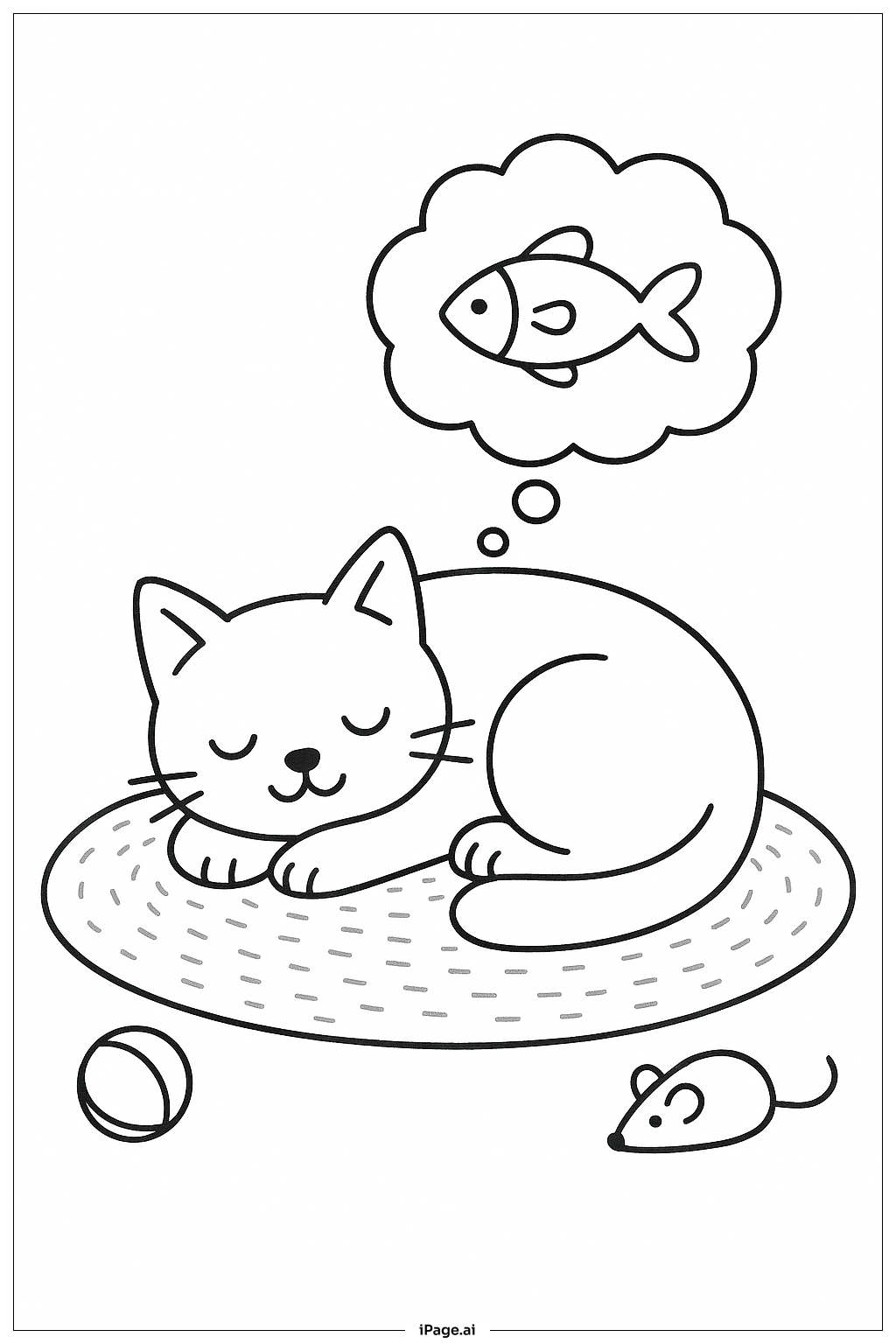 夢見る魚と昼寝する猫の塗り絵ページ