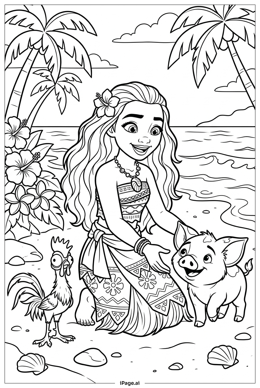 Page de coloriage Moana câlinant Pua tandis que Heihei regarde à proximité