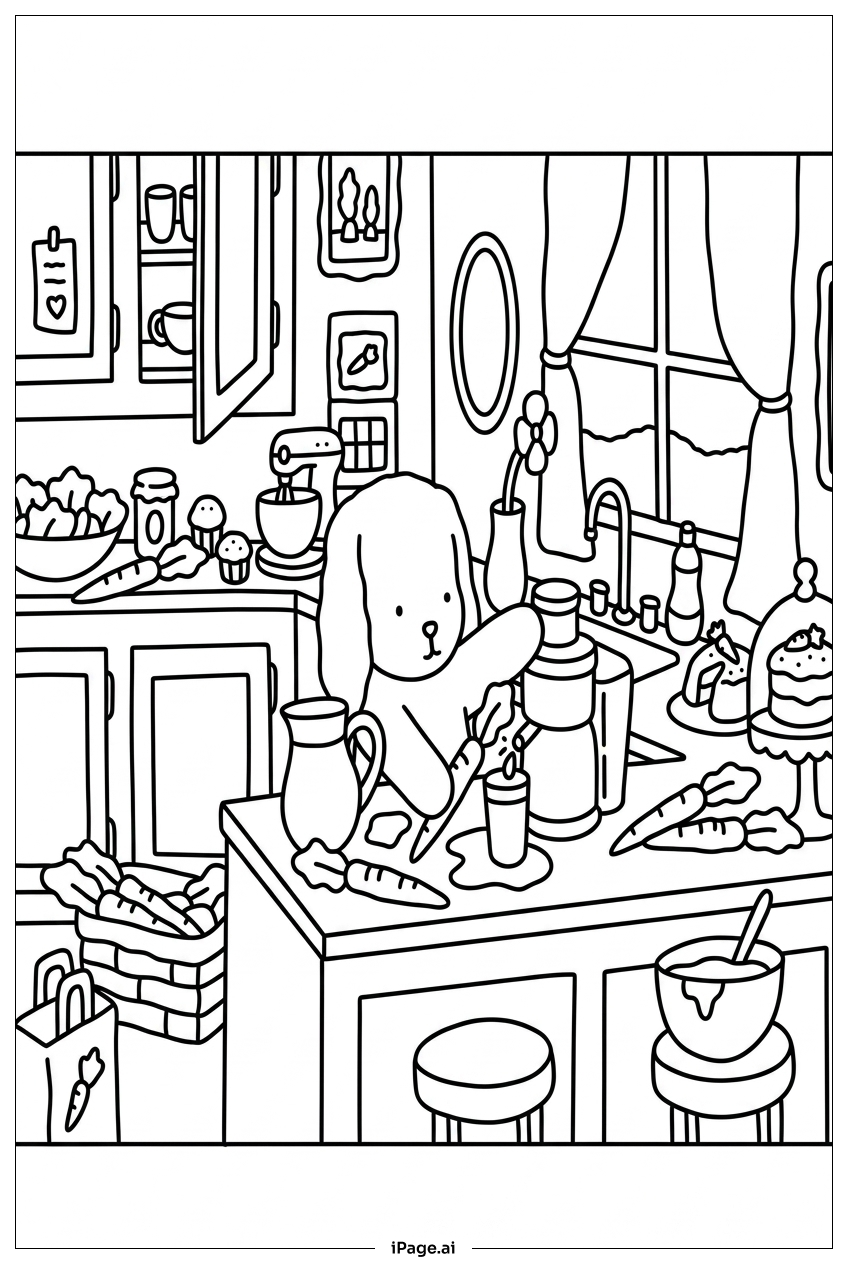 Página para colorear de Bobbie Goods Exprimiendo Zanahorias en una Acogedora Cocina