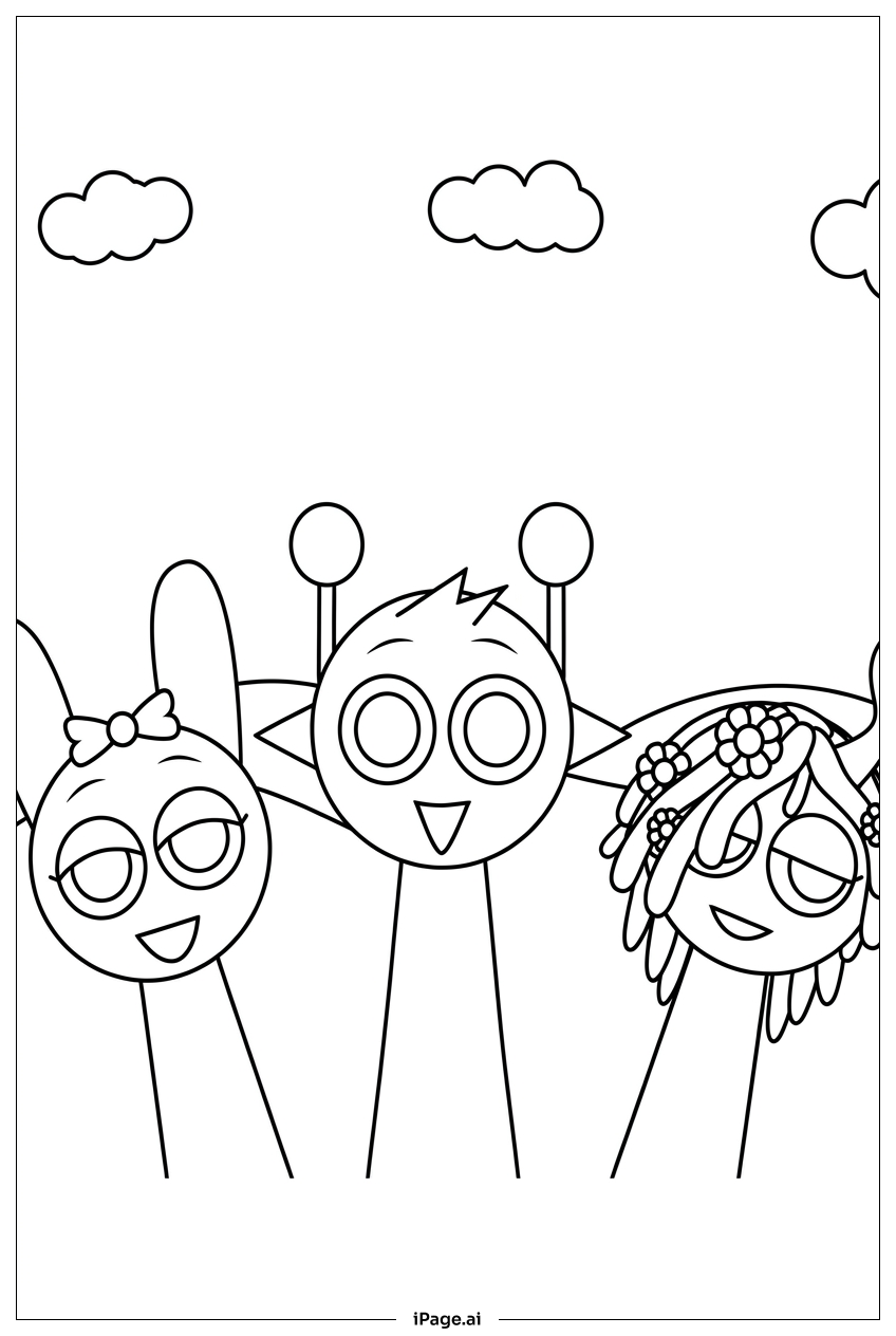 Página para colorir de Trio Sprunki Acenando sob Nuvens Suaves