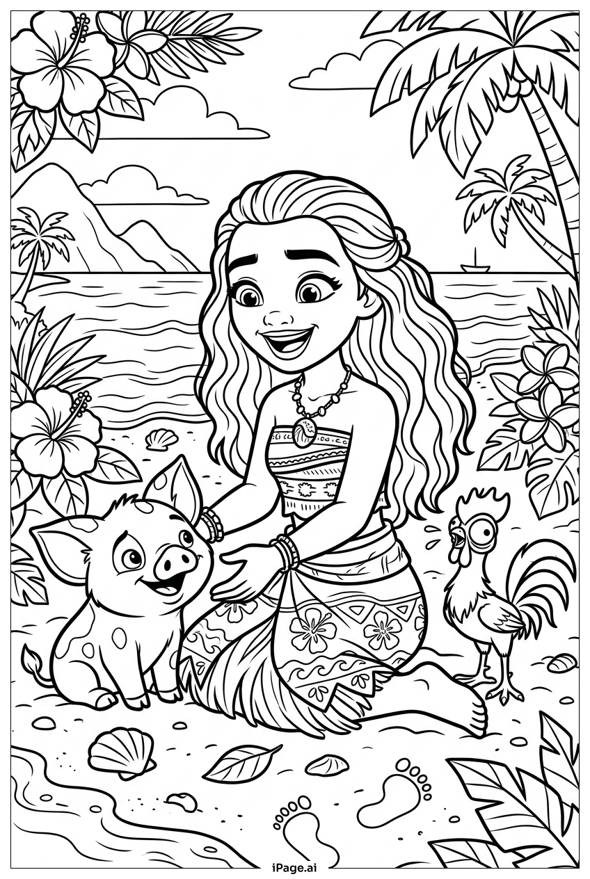 Page de coloriage Moana saluant Pua et Heihei sur le rivage