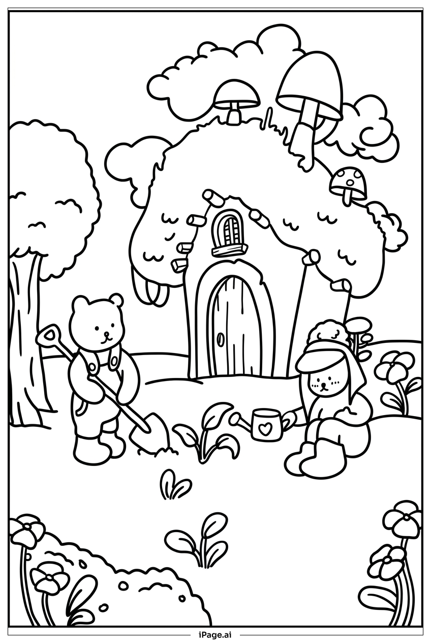 Página para colorear de El Equipo de Jardinería de Bobbie Goods Cuida la Cabaña de Hongos