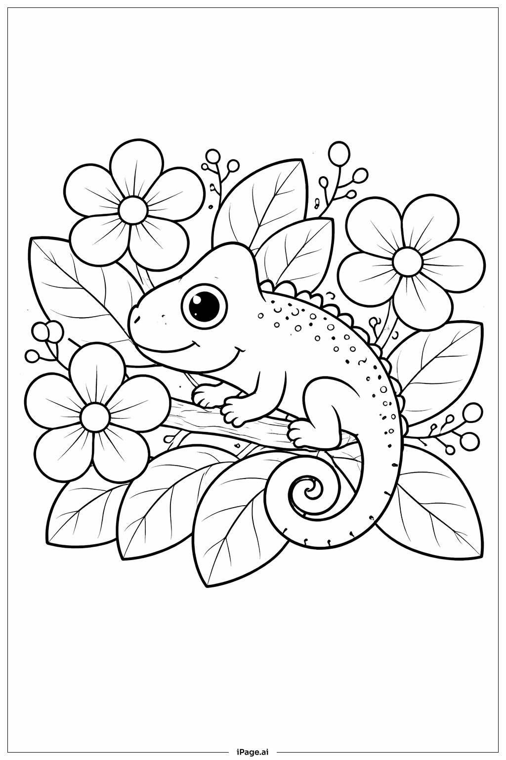 Page de coloriage Caméléon parmi les fleurs