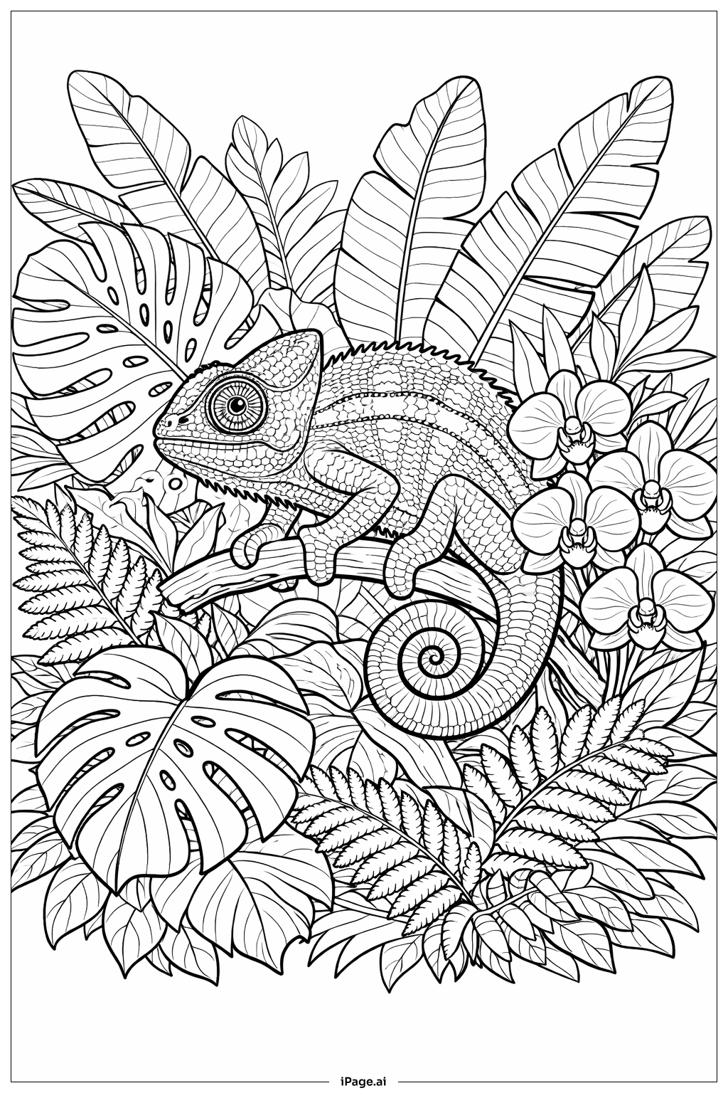 Caméléon parmi des plantes tropicales