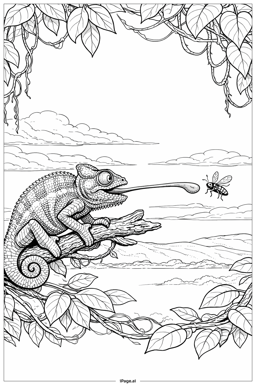 Page de coloriage Chasse au caméléon à l'aube