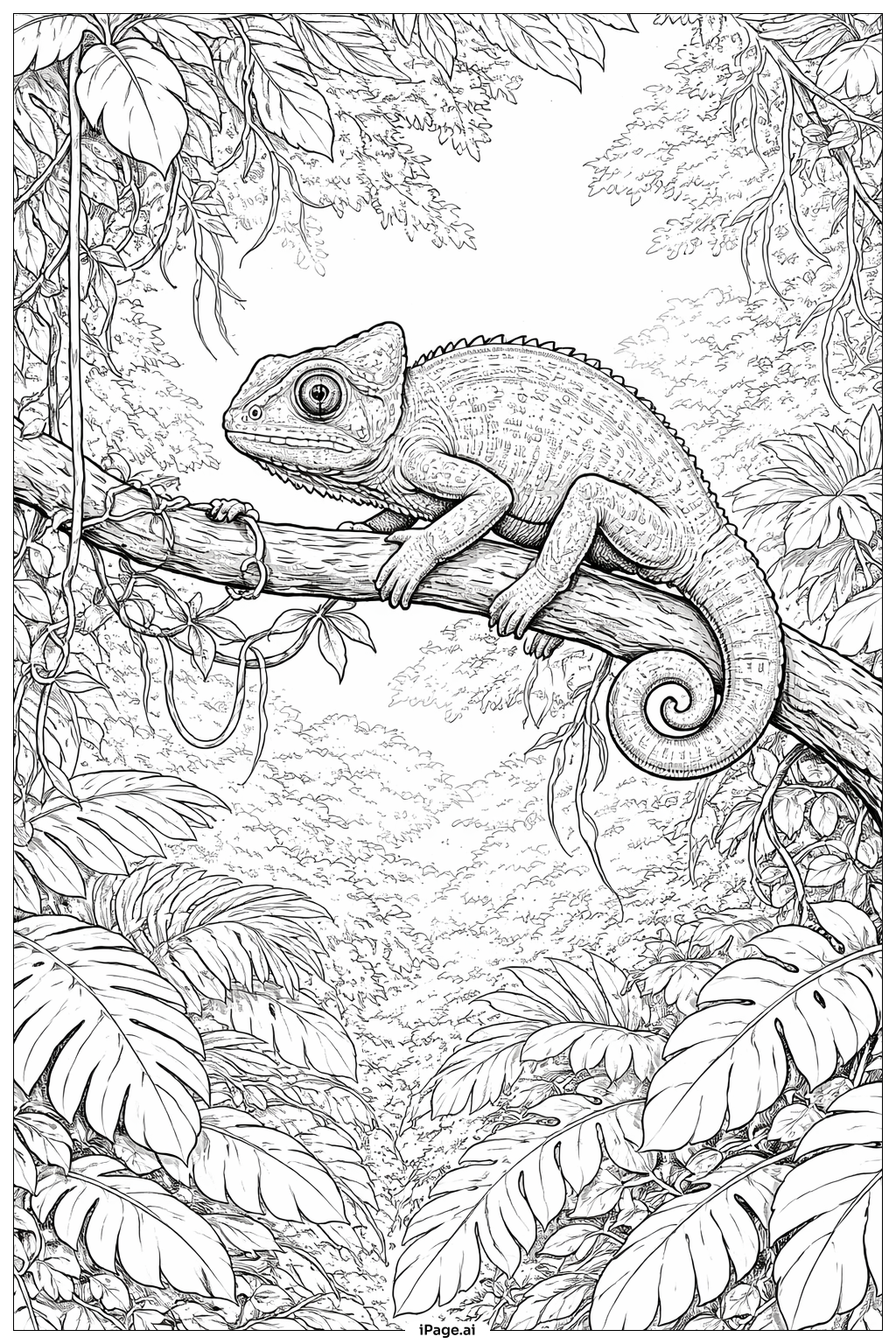 Page de coloriage Caméléon dans la canopée de la forêt tropicale