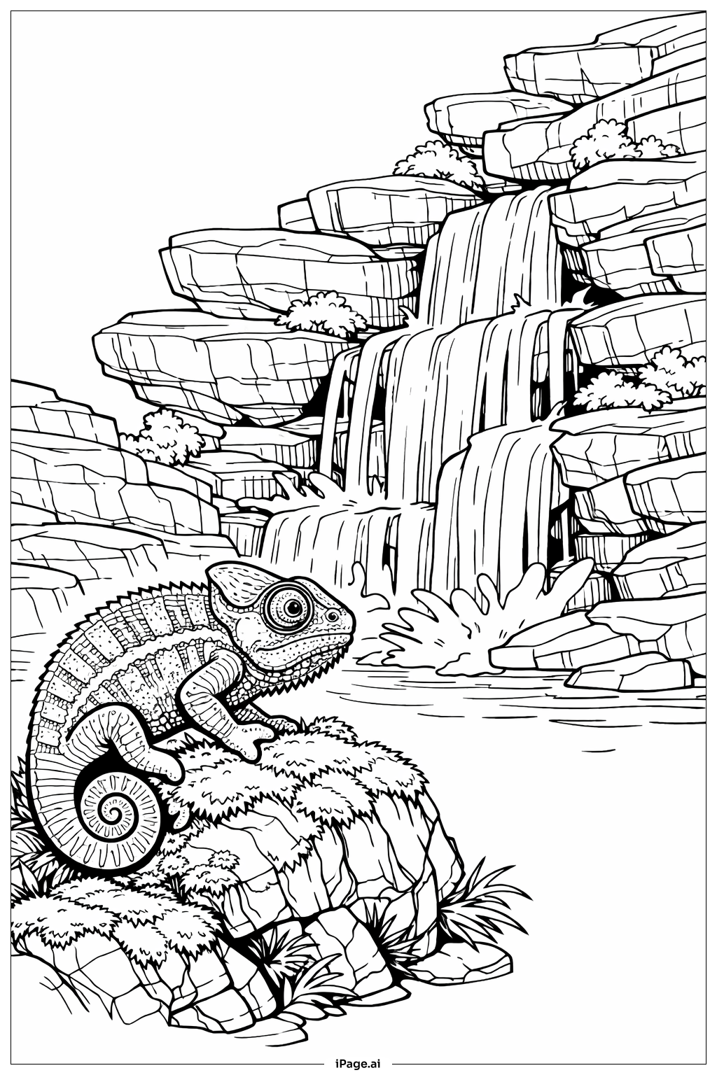 Page de coloriage Caméléon Près de la Cascade