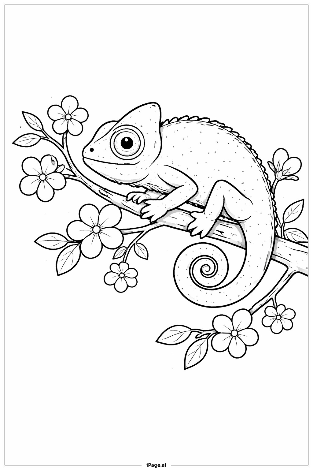 Page de coloriage Caméléon sur une branche fleurie