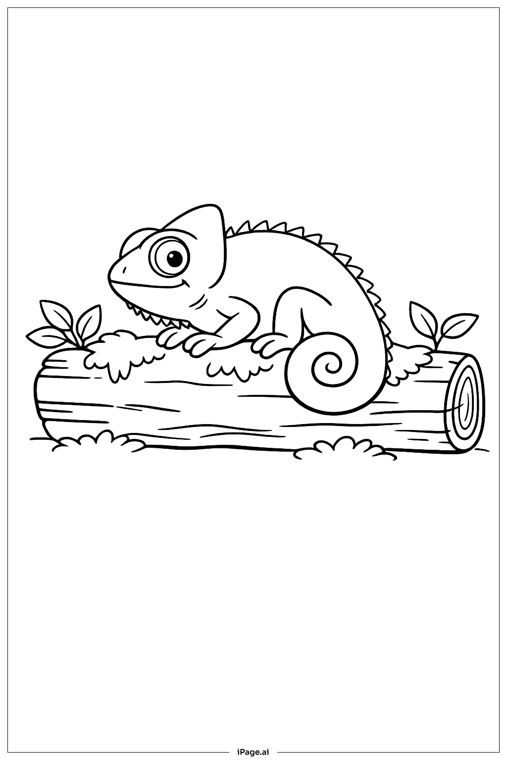Page de coloriage Caméléon sur une bûche mousseuse