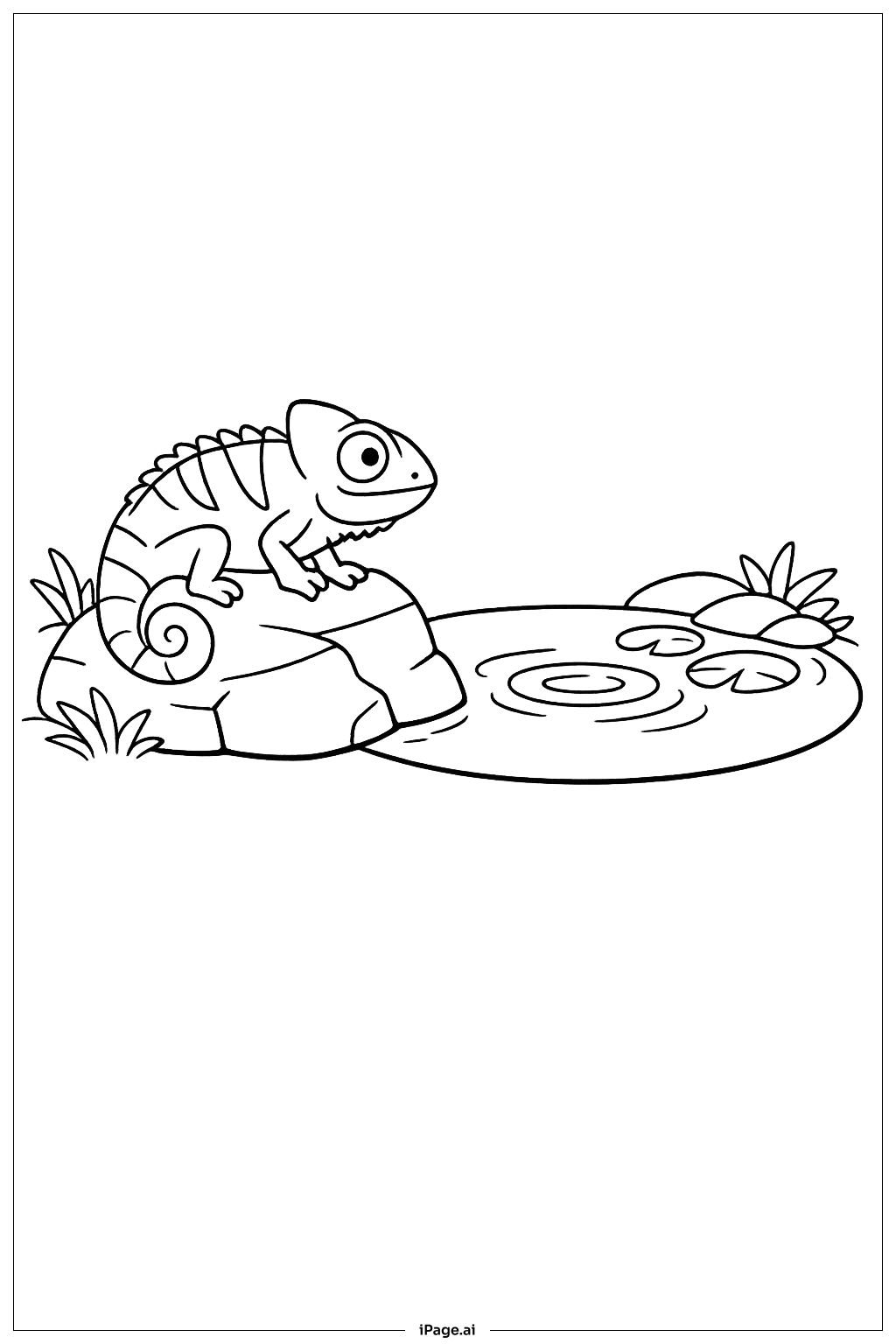 Page de coloriage Caméléon sur un rocher près d'un étang