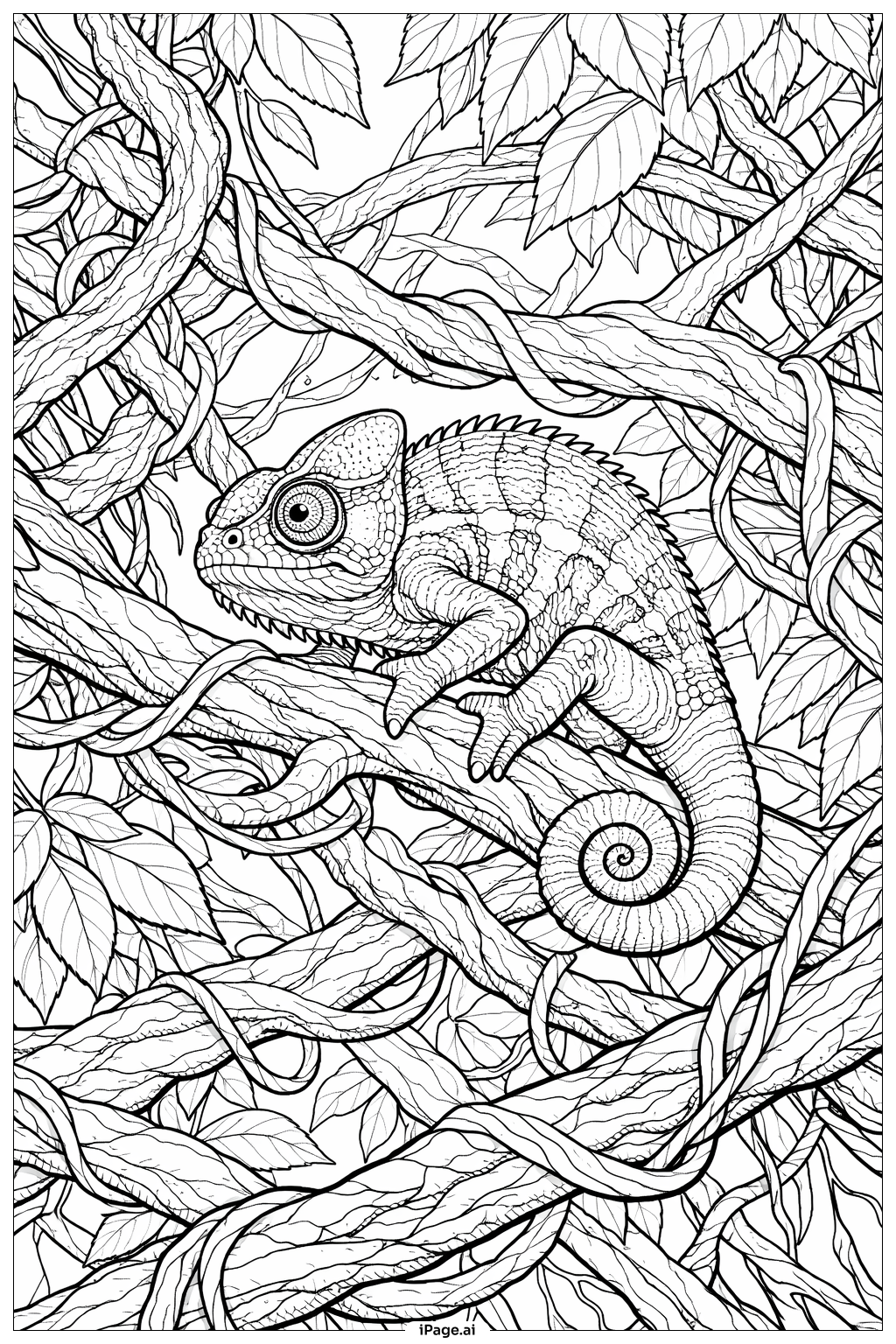 Page de coloriage Caméléon sur des vignes tortueuses
