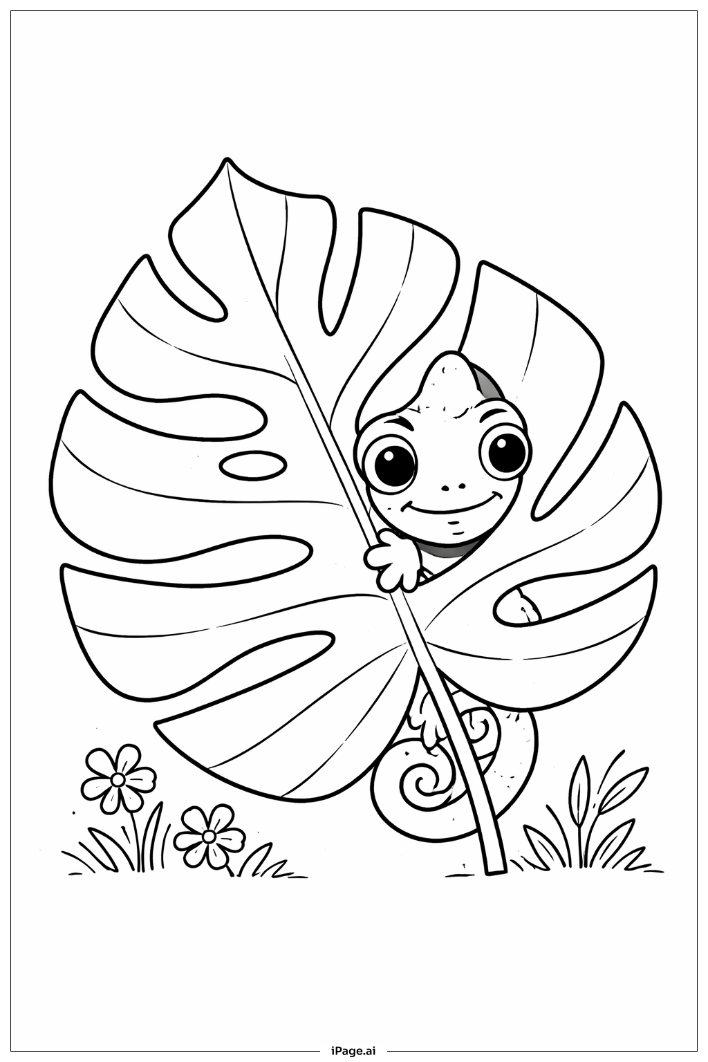 Page de coloriage Caméléon Curieux Derrière une Feuille
