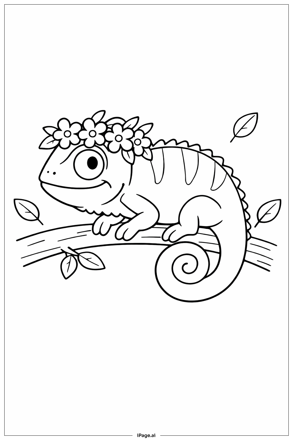 Page de coloriage Caméléon portant une couronne de fleurs