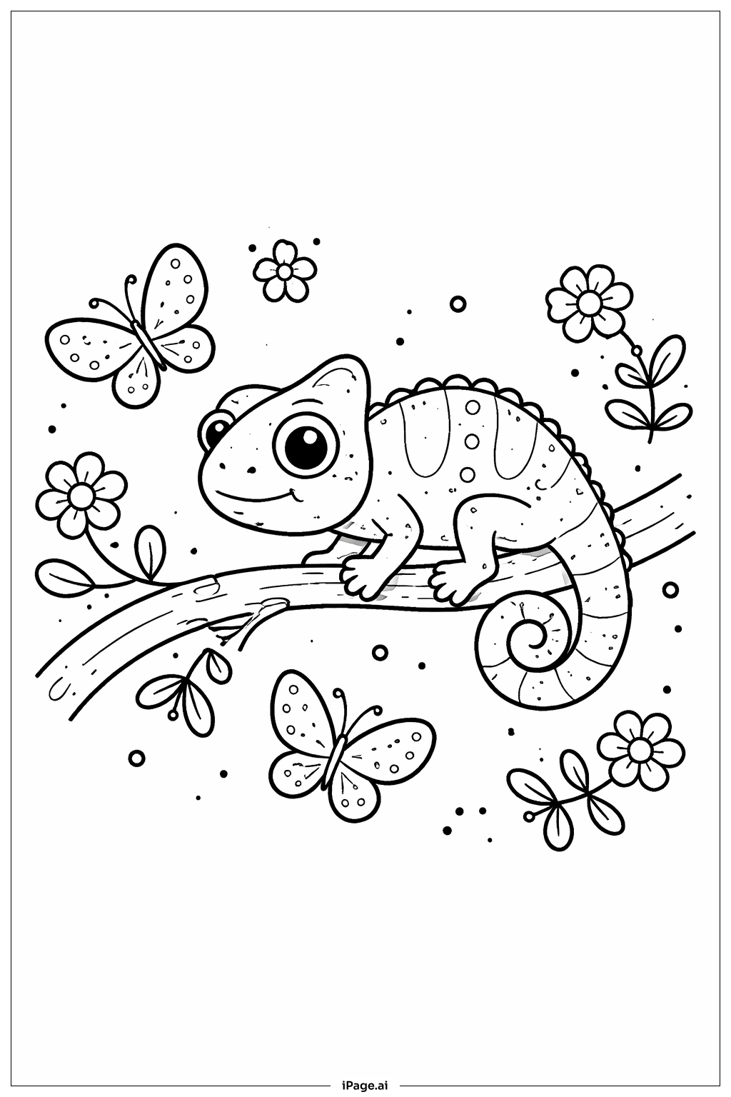 Page de coloriage Caméléon avec des amis papillons
