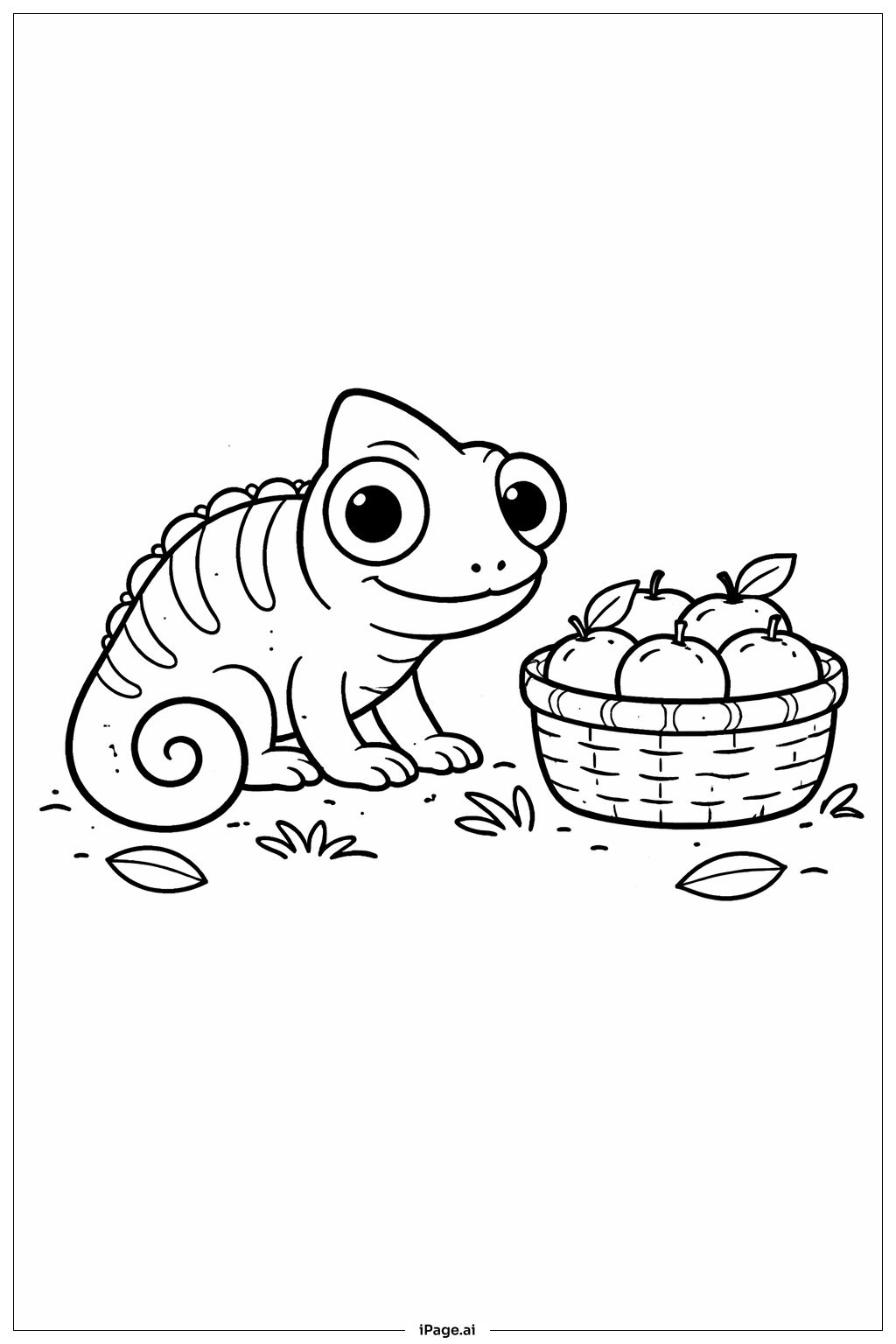 Page de coloriage Caméléon avec panier de fruits
