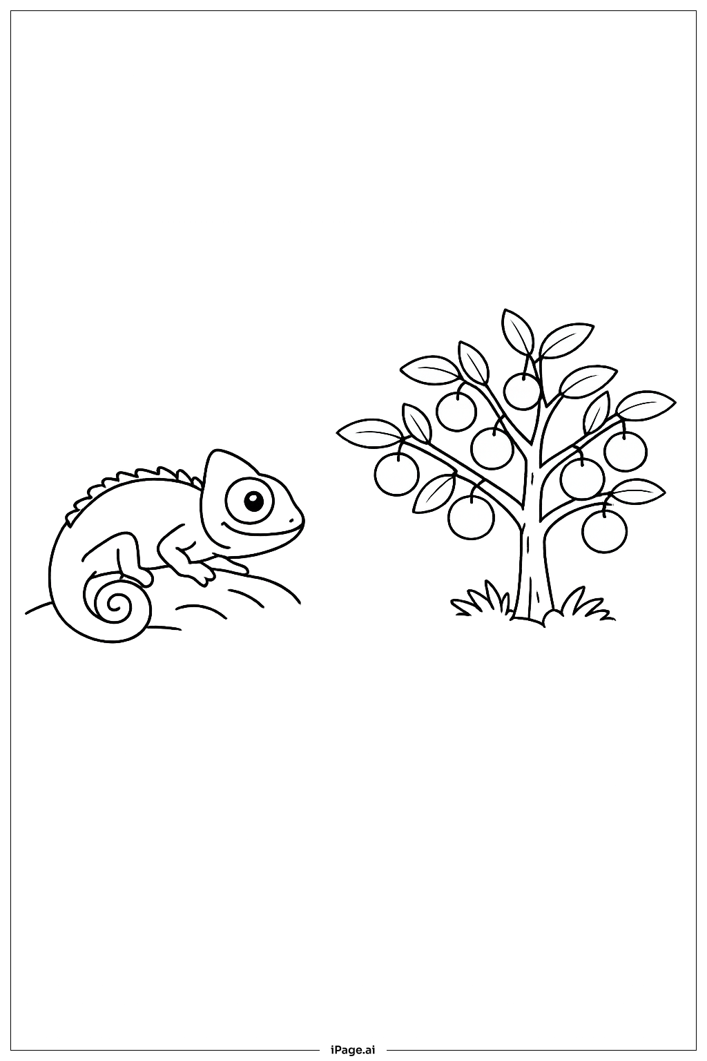 Page de coloriage Caméléon avec arbre fruitier