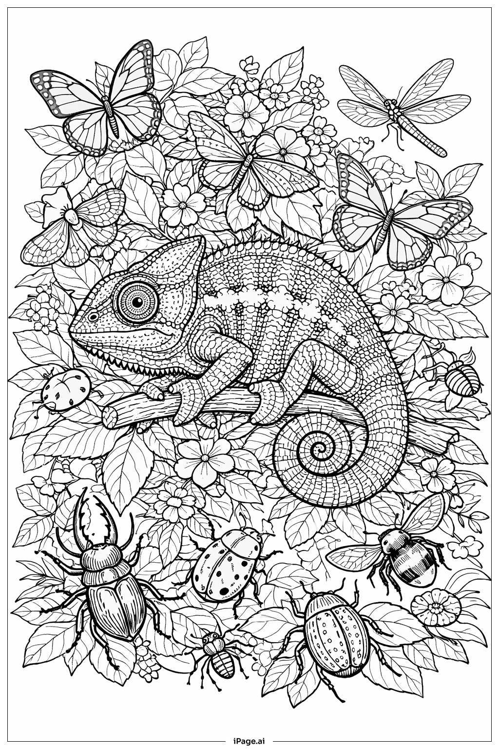 Page de coloriage Caméléon avec Plusieurs Insectes