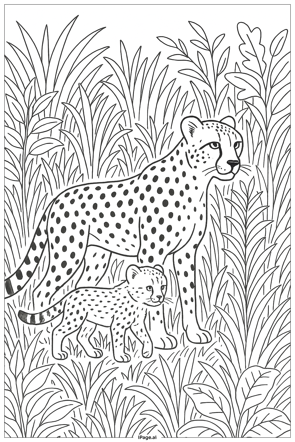 浓密草原上的猎豹与幼崽填色页