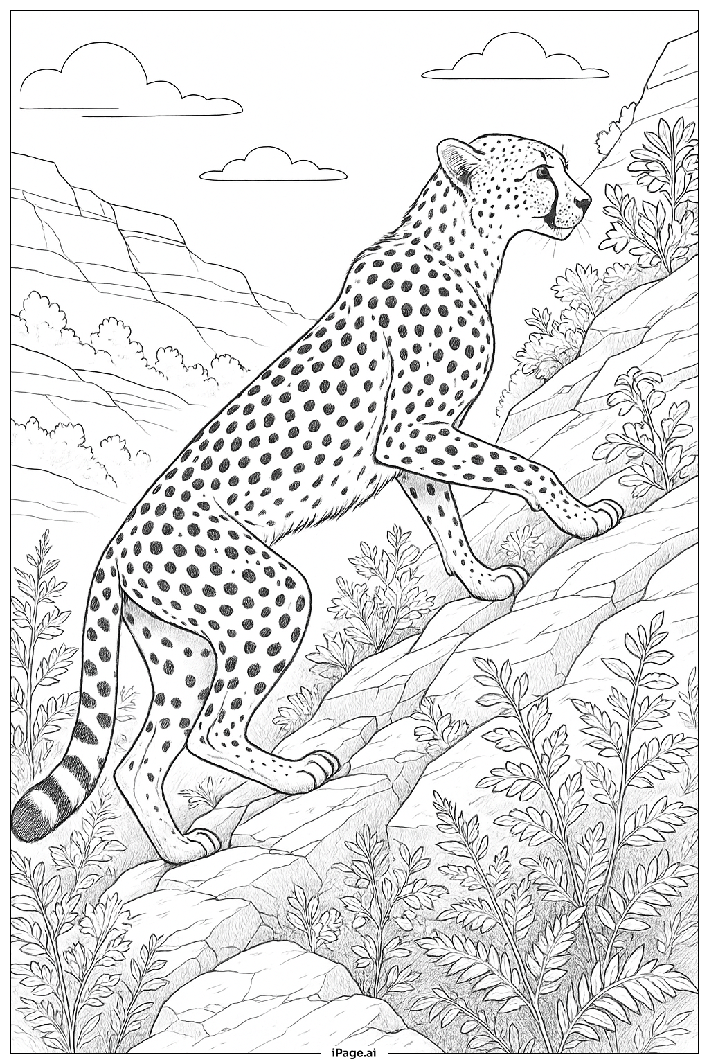 猎豹攀爬岩石坡填色页