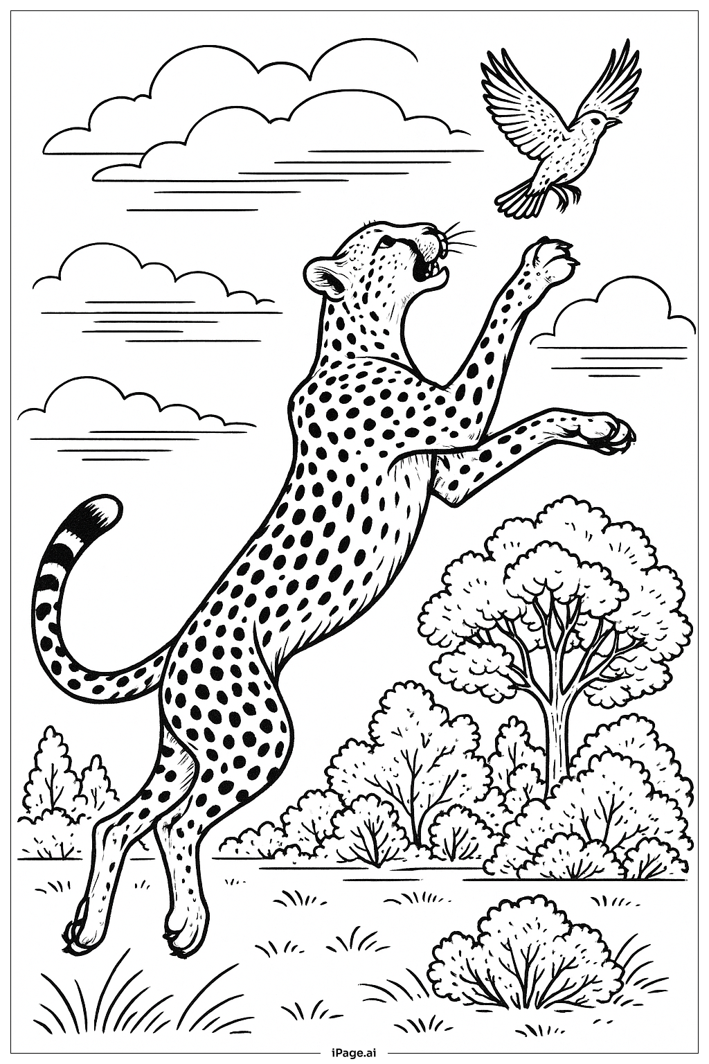  獵豹跳躍抓鳥著色頁 