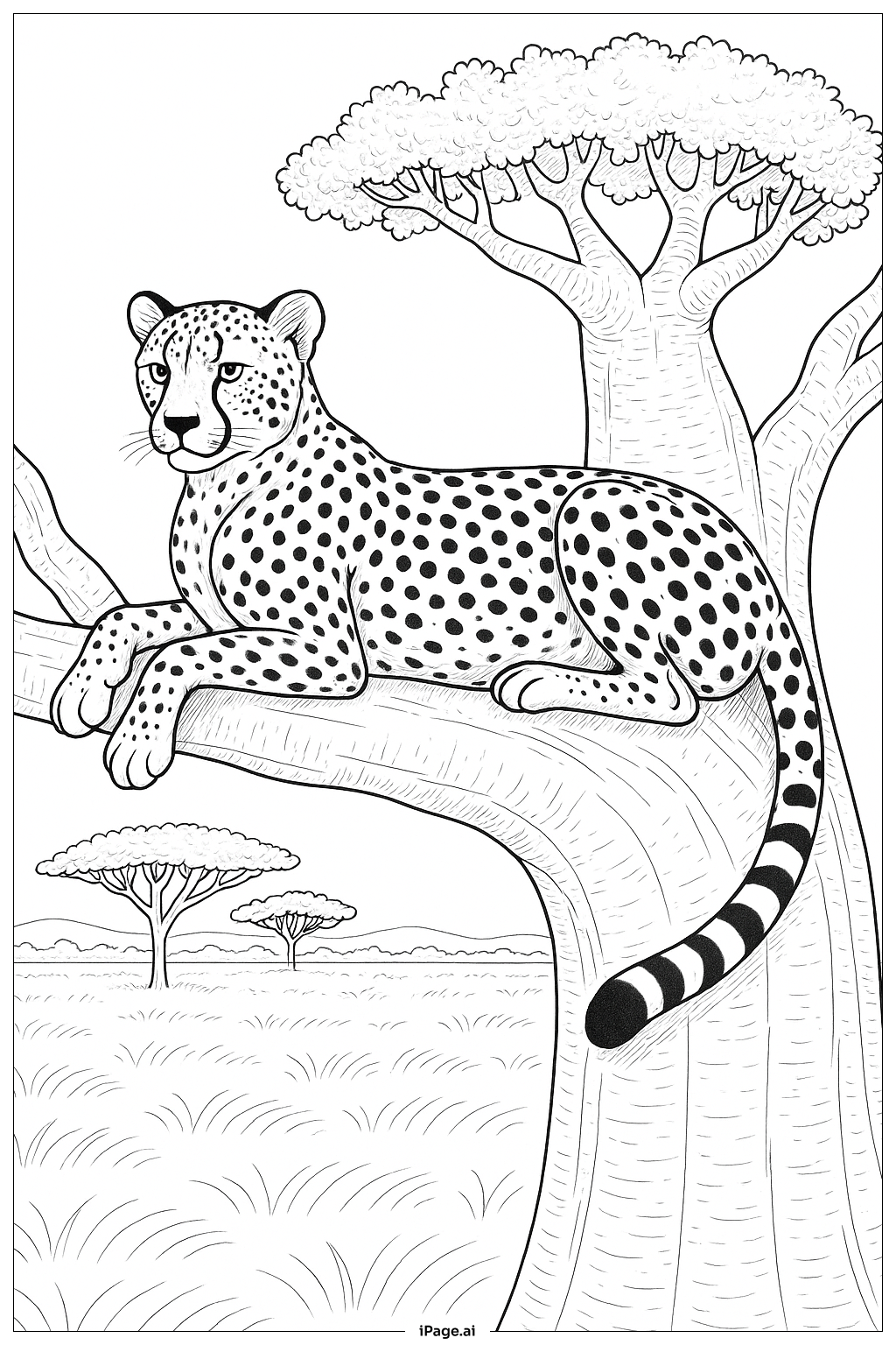 バオバブの枝にいるチーターの塗り絵ページ