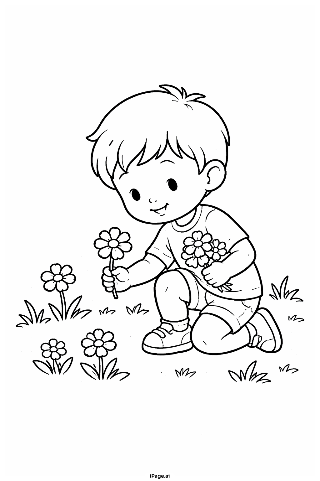 Child Picking Flower Coloring Page