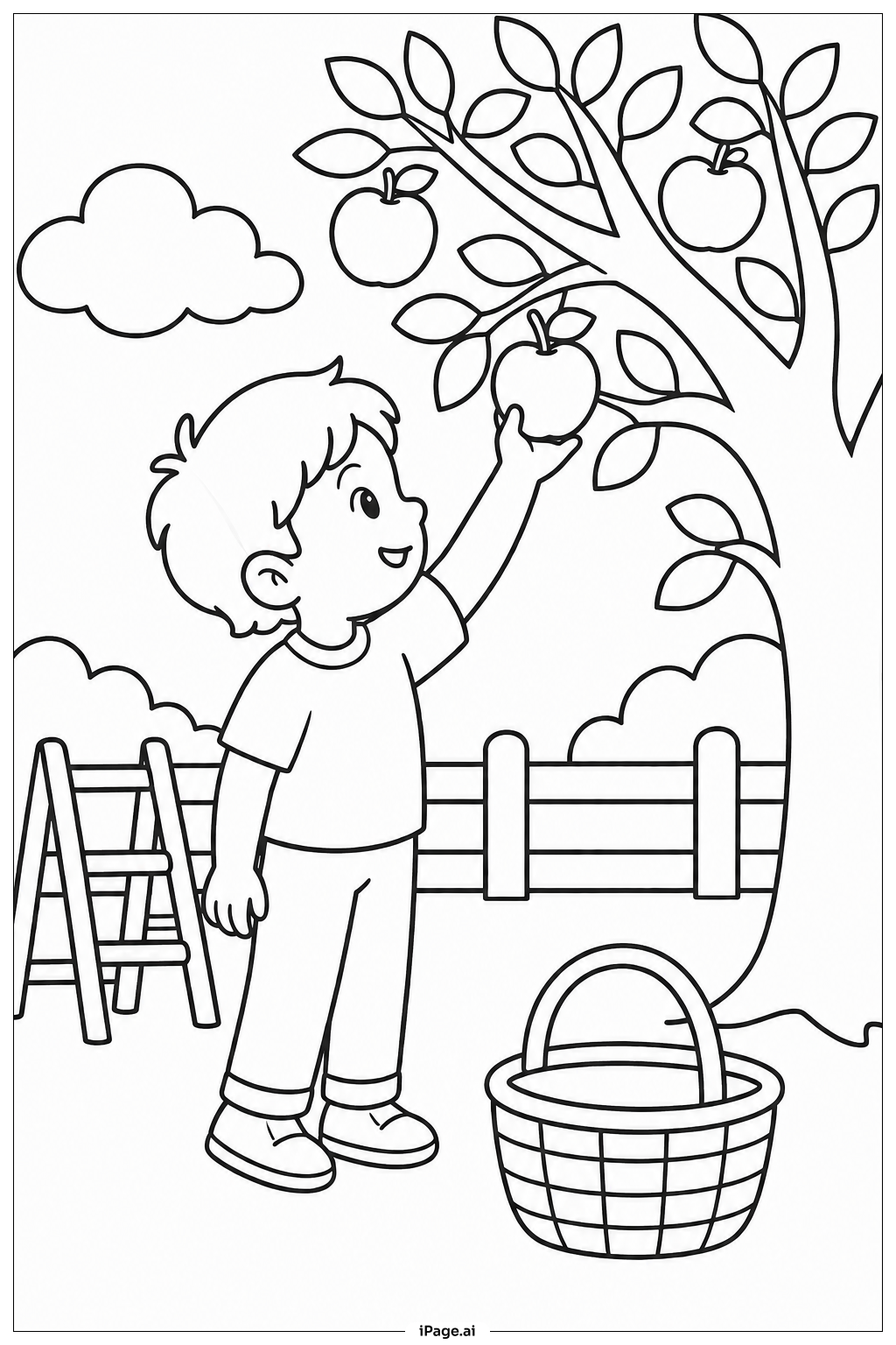 Página para colorear de Niño recogiendo frutas