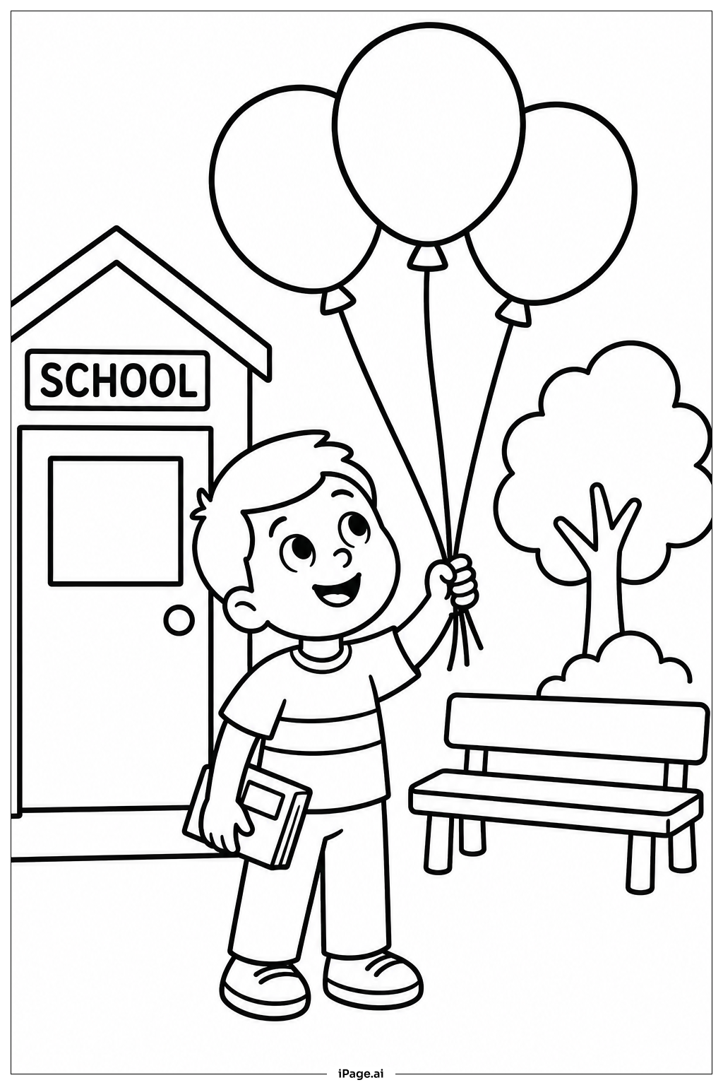 風船を持つ子どもの学年末の塗り絵ページ