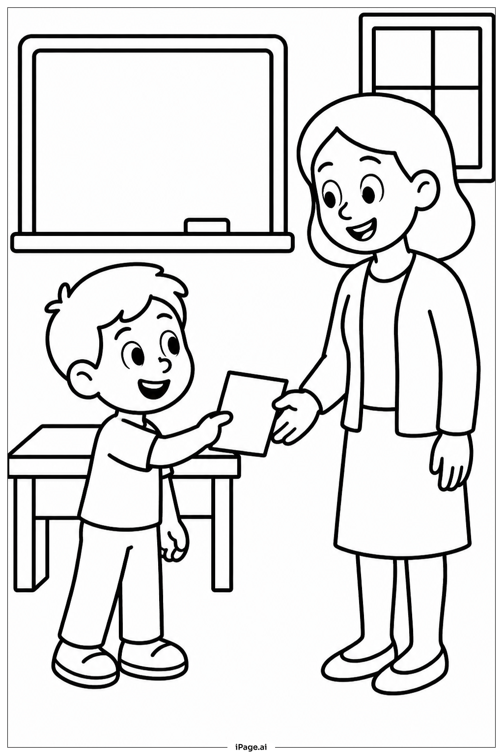 先生と子どもの学年末の塗り絵ページ