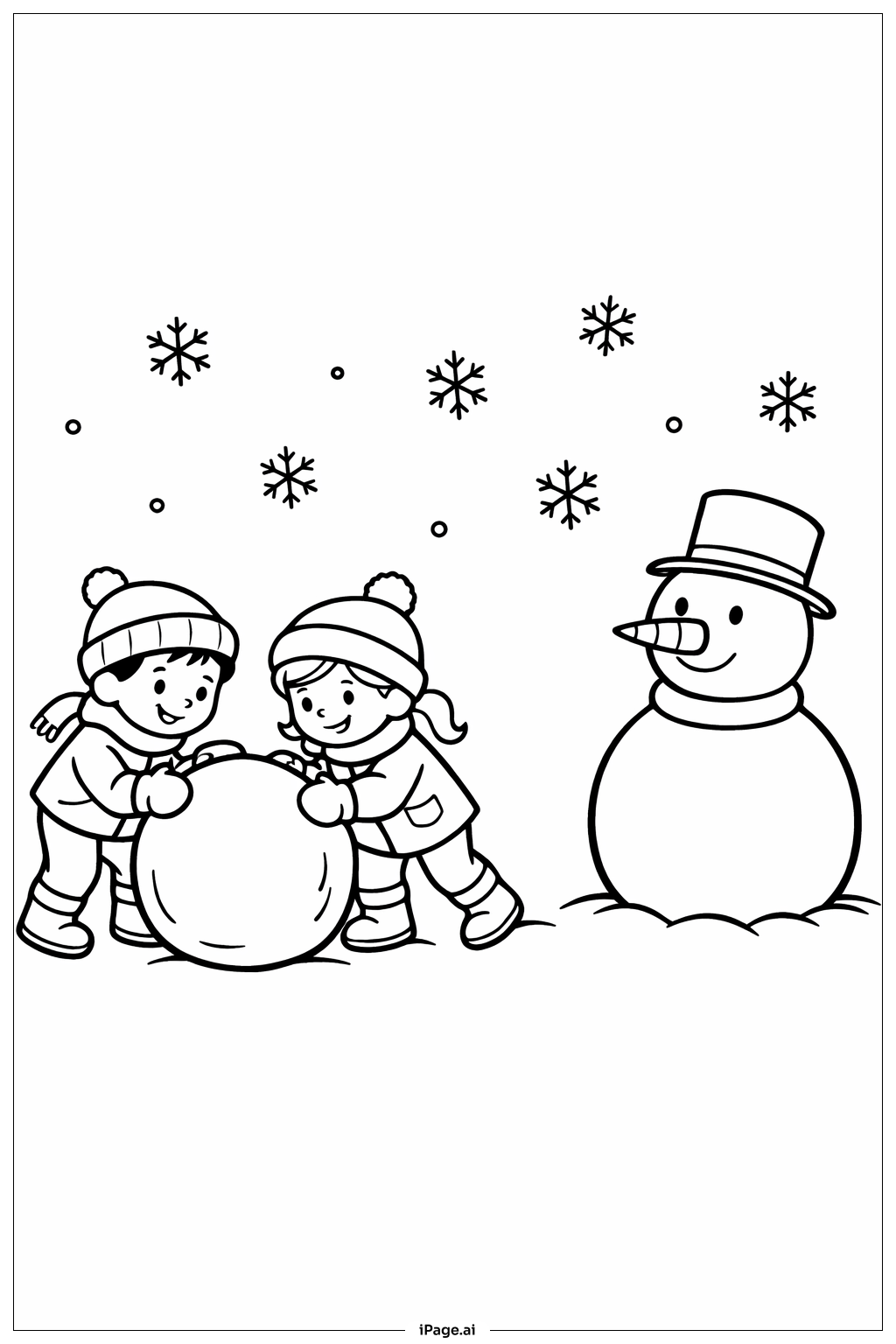  Kinder bauen einen Schneemann Ausmalseite 