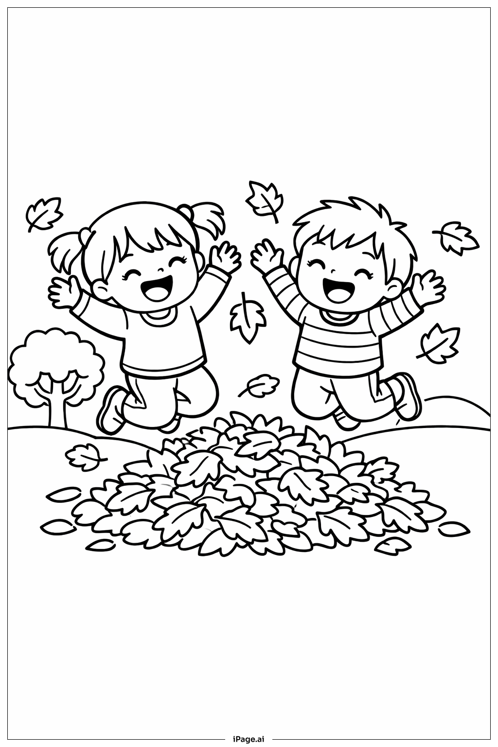  小朋友跳進秋天落葉堆著色頁 