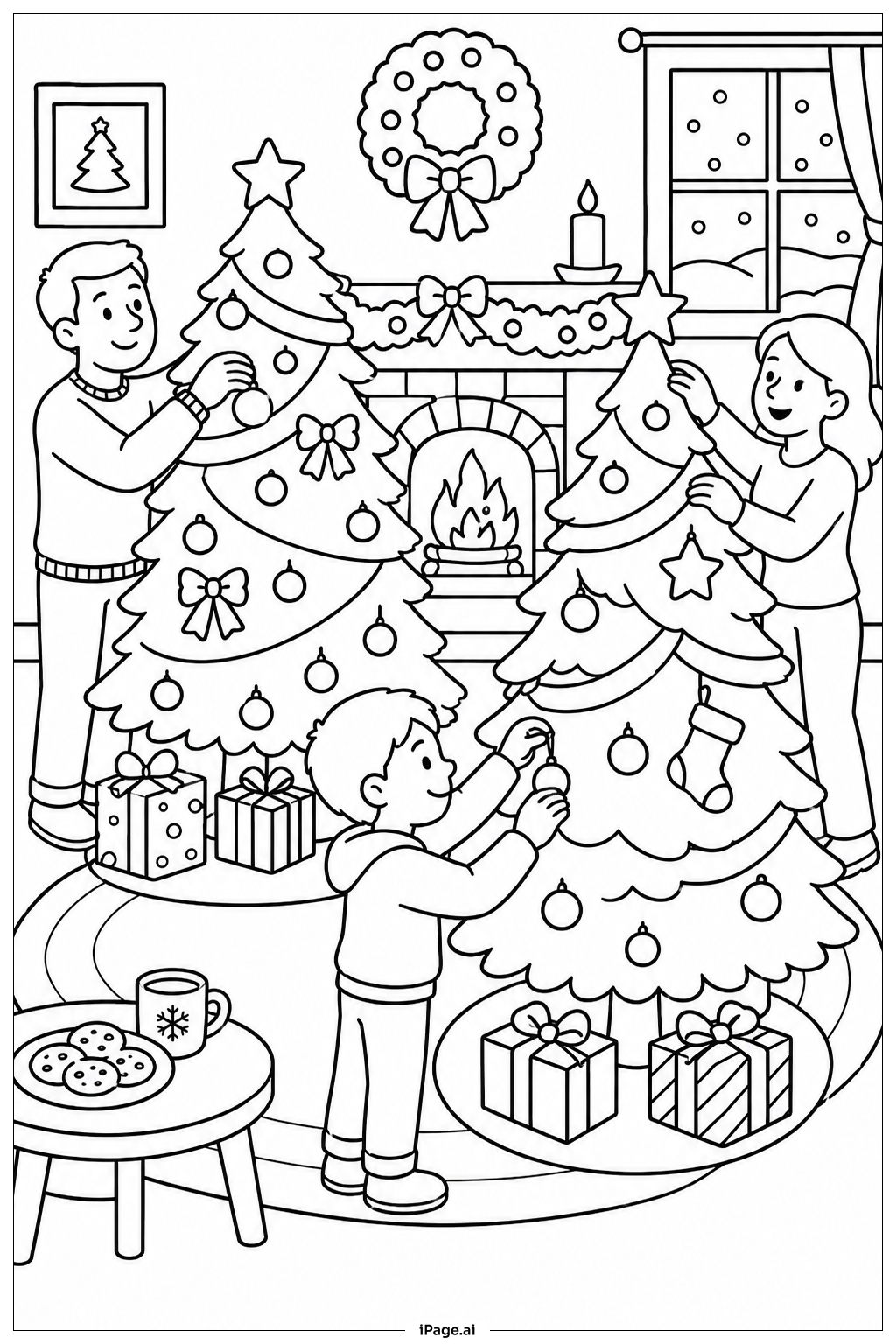 Christmas Tree Decorating Family Coloring Page