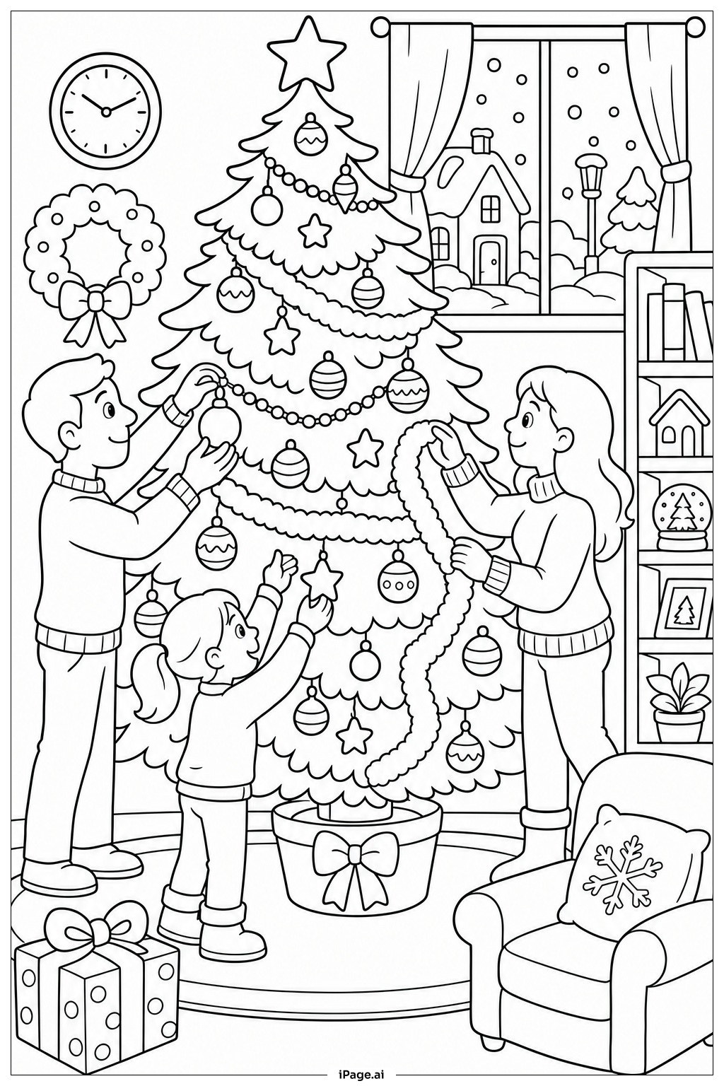 Christmas Tree Decorating Party Coloring Page