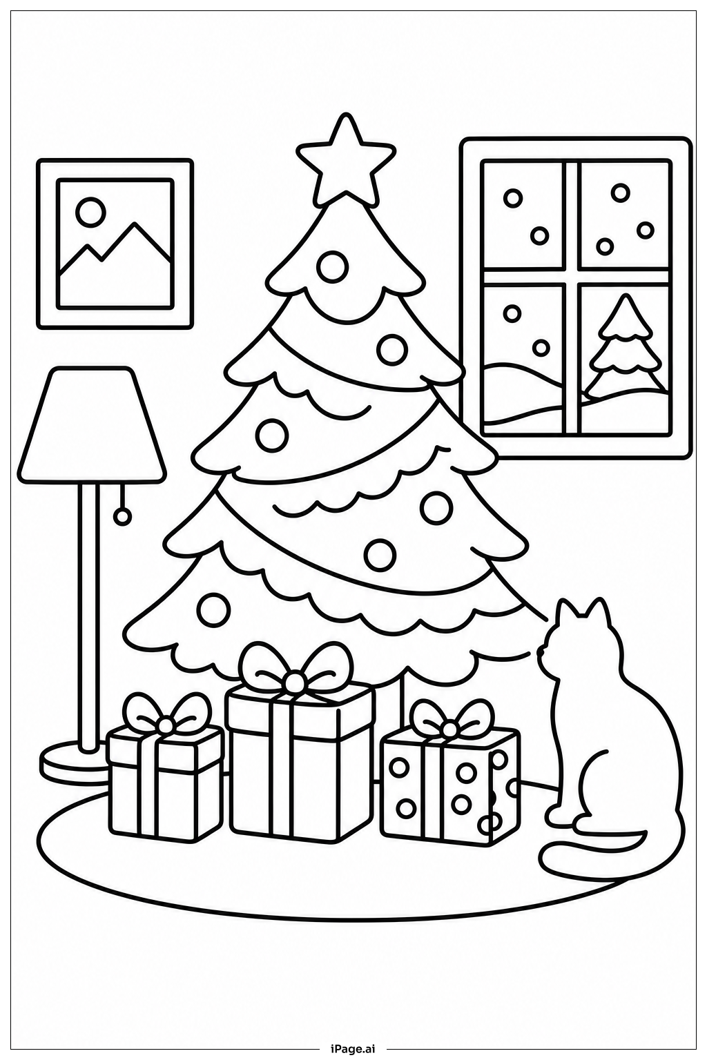 Weihnachtsbaum mit Geschenken und Katze Ausmalseite