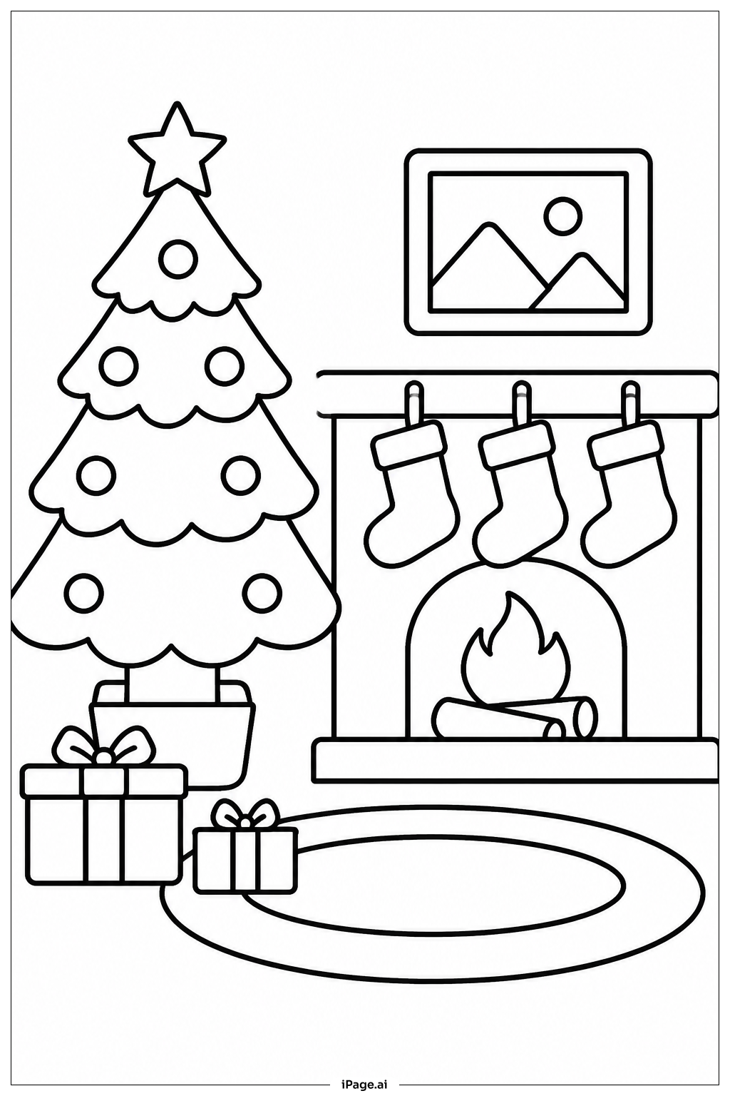 Page de coloriage Sapin de Noël avec chaussettes à proximité