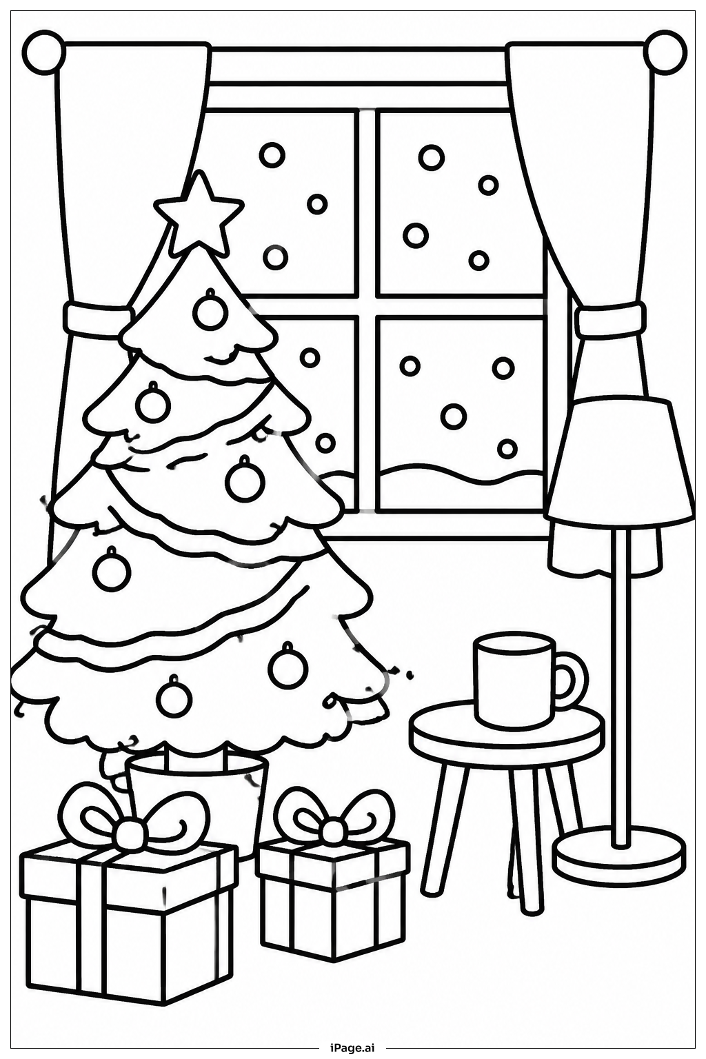 Weihnachtsbaum mit Fensterszene Ausmalseite