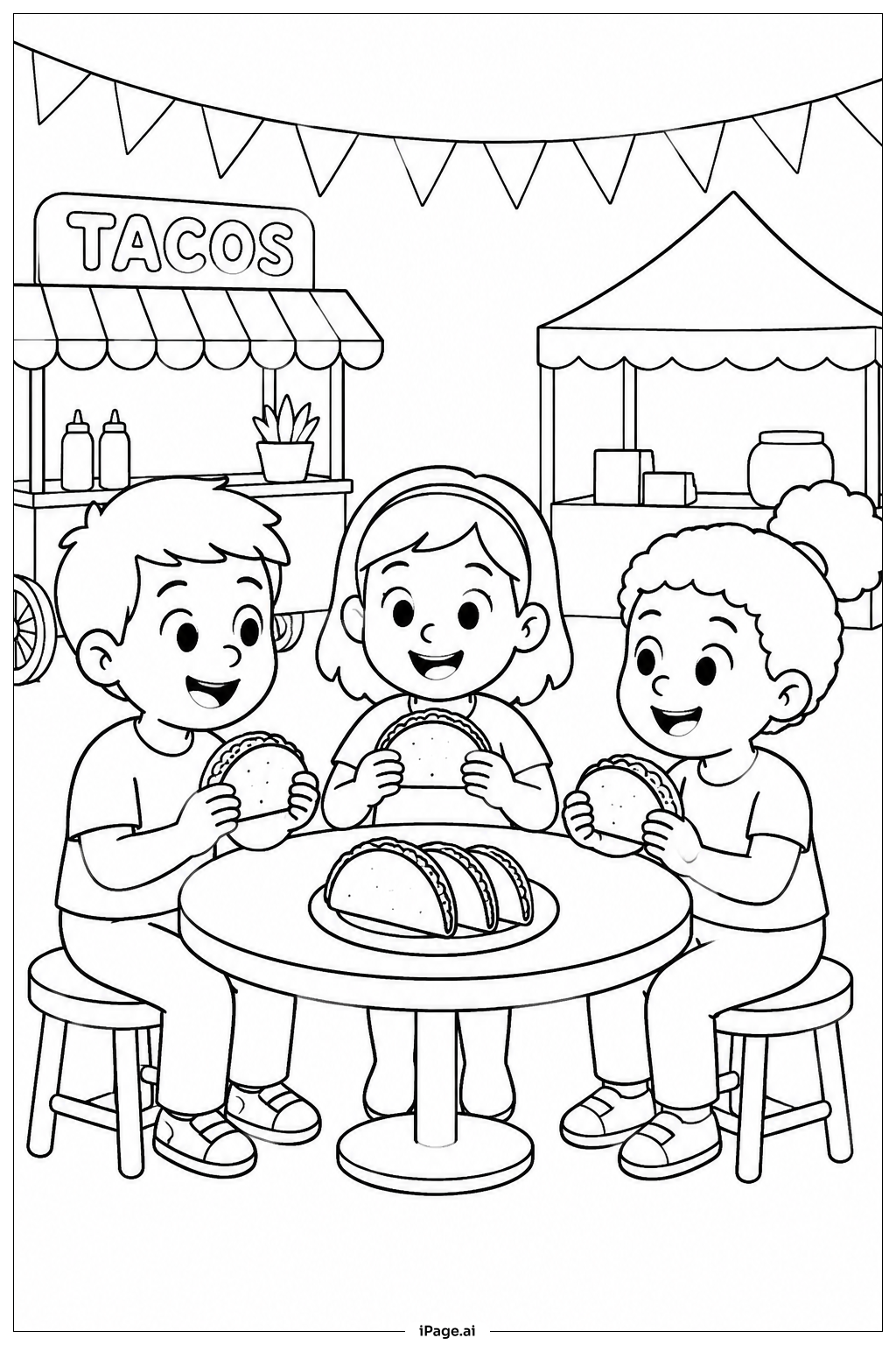  Página para colorir de Crianças do Cinco De Mayo Compartilhando Tacos 
