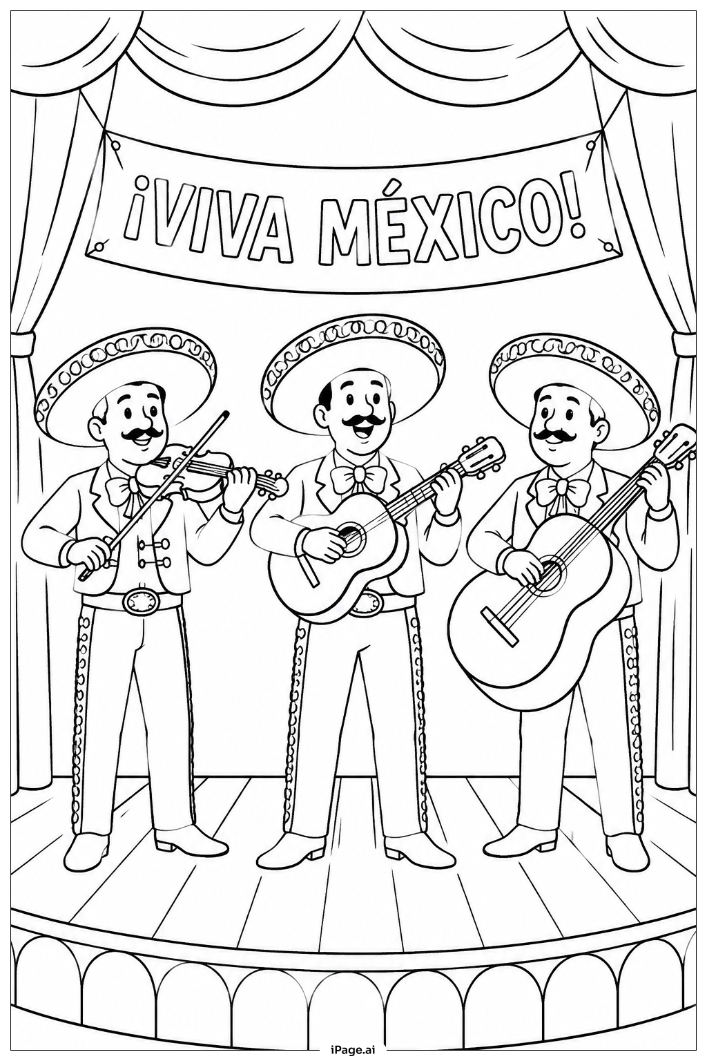  Página para colorir de Trio Mariachi do Cinco De Mayo no Palco 