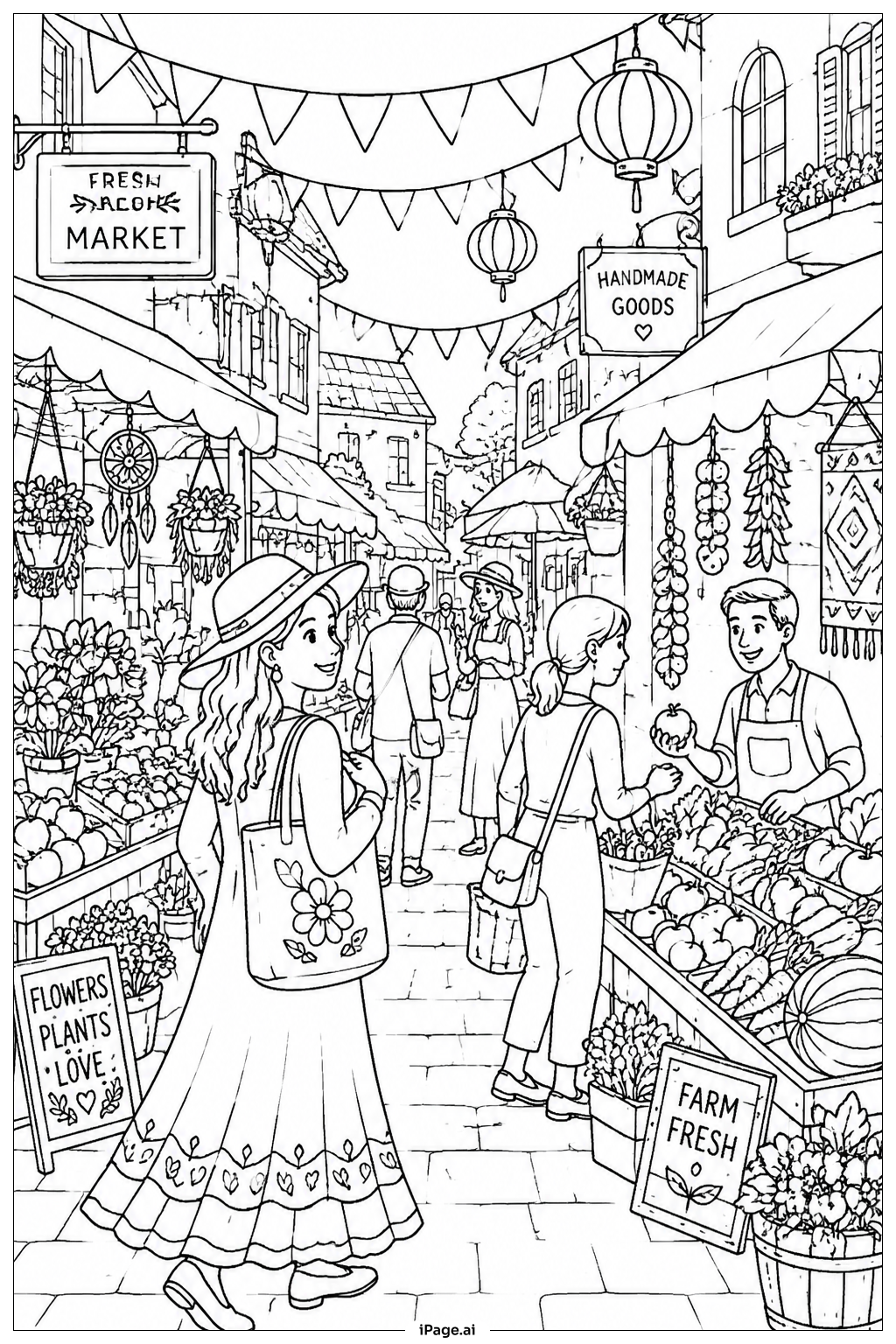  Página para colorir de Rua do Mercado de Cinco De Mayo com Barracas 