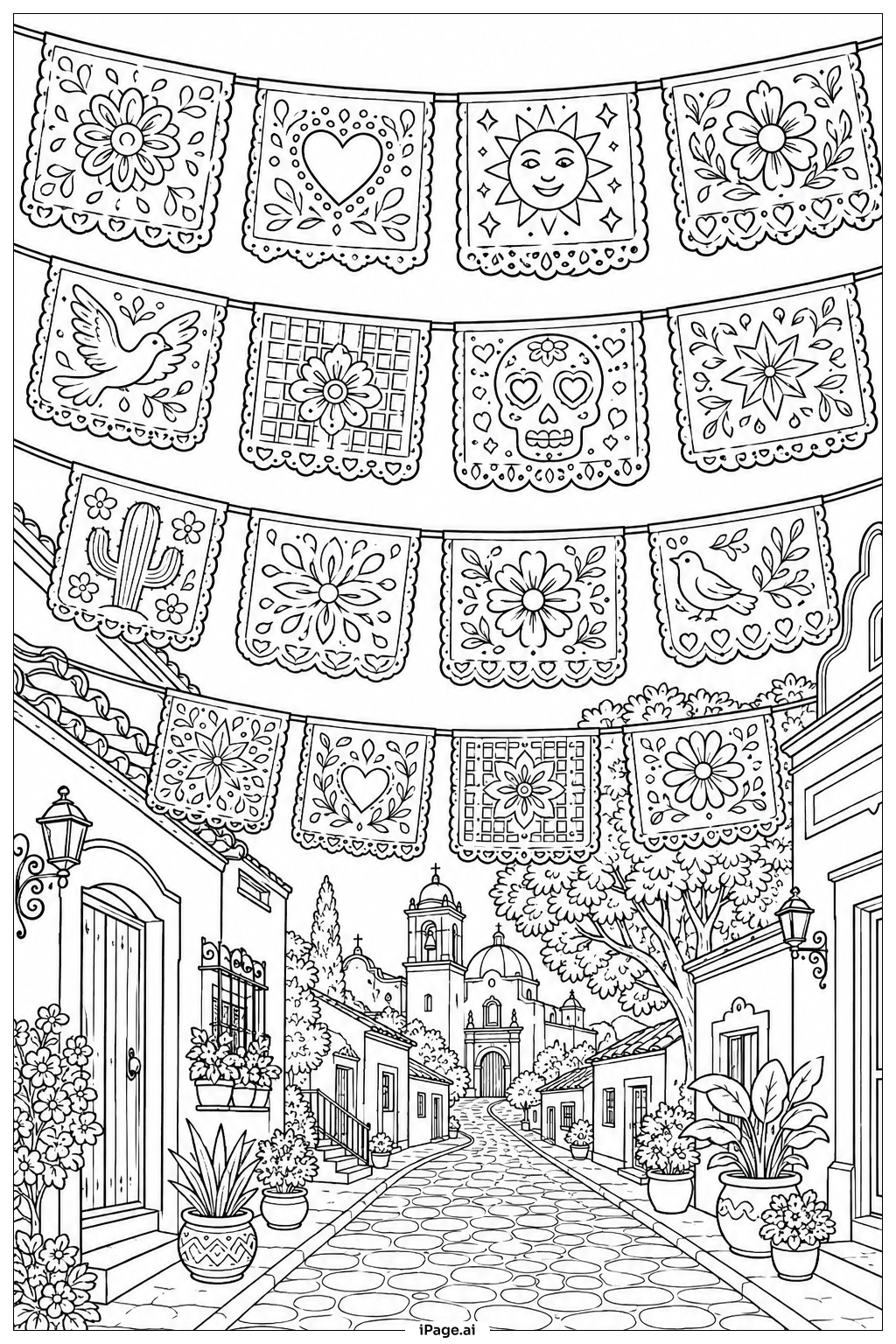  Page de coloriage Cinco De Mayo Rangées de Papel Picado Ornées 