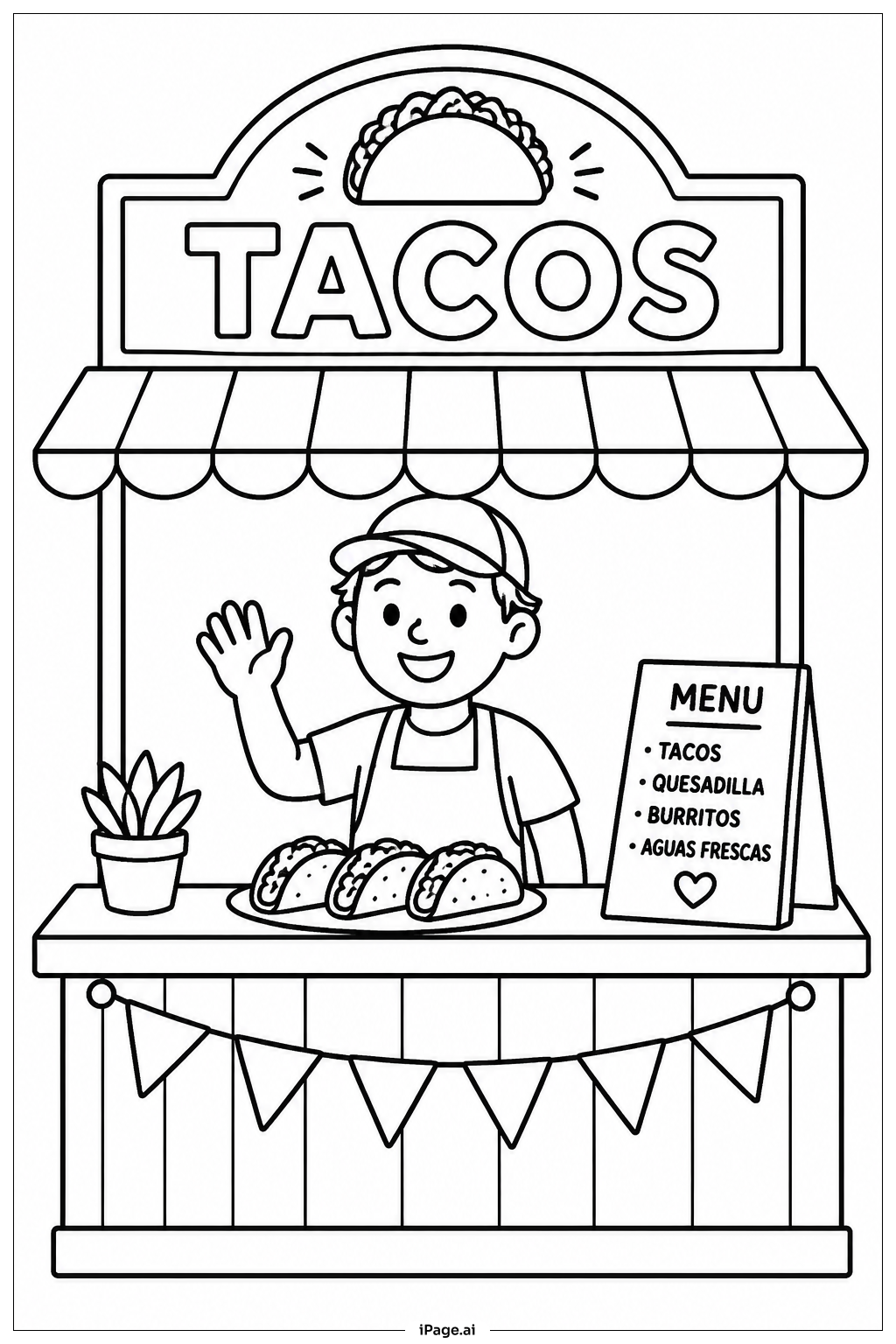  Página para colorir de Cena da Barraca de Taco do Cinco De Mayo 