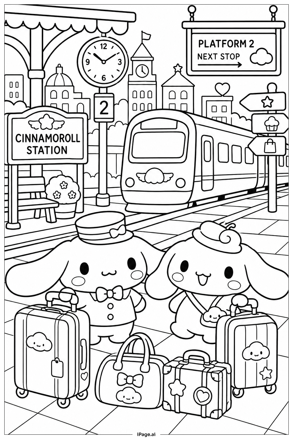  Page de coloriage Cinnamoroll À la gare 