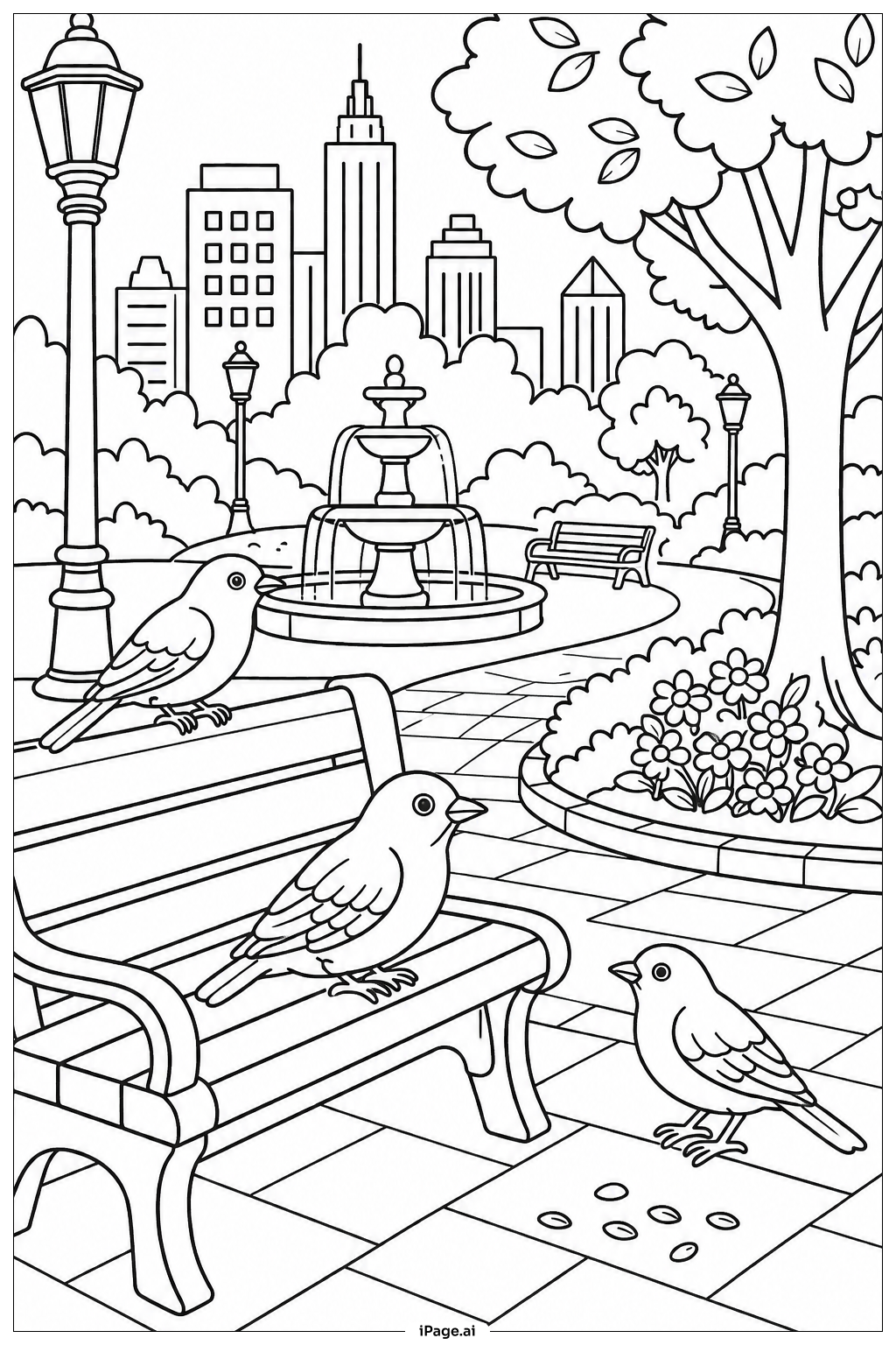 Página para colorear de Reunión de Aves en el Parque de la Ciudad