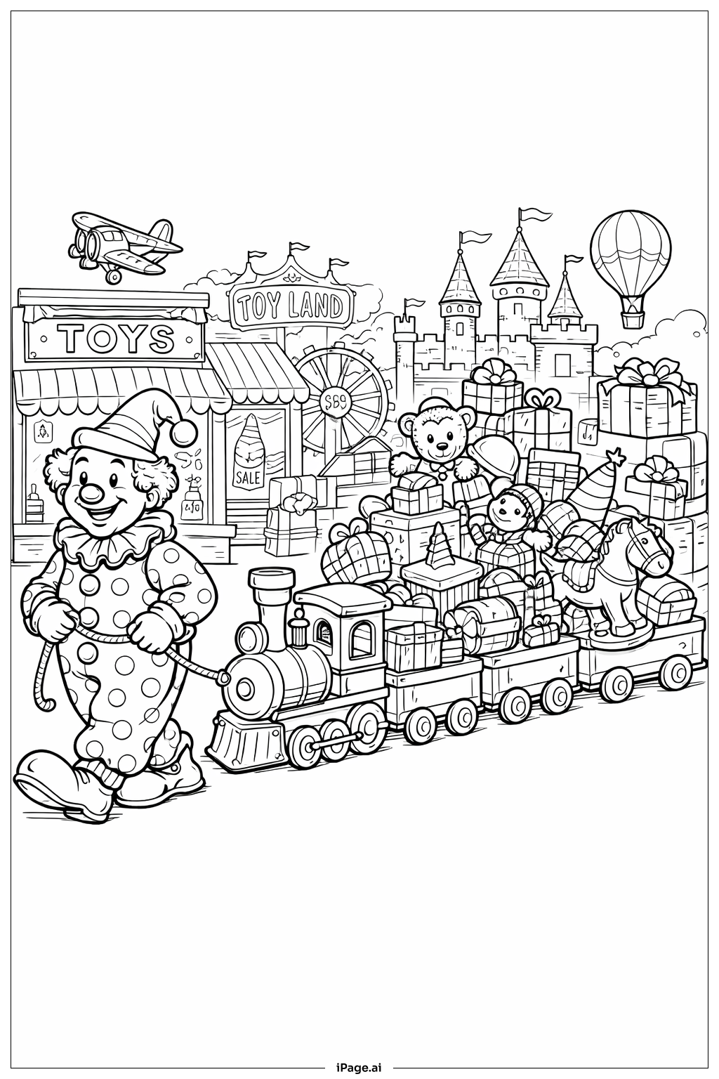 小丑和玩具火车填色页