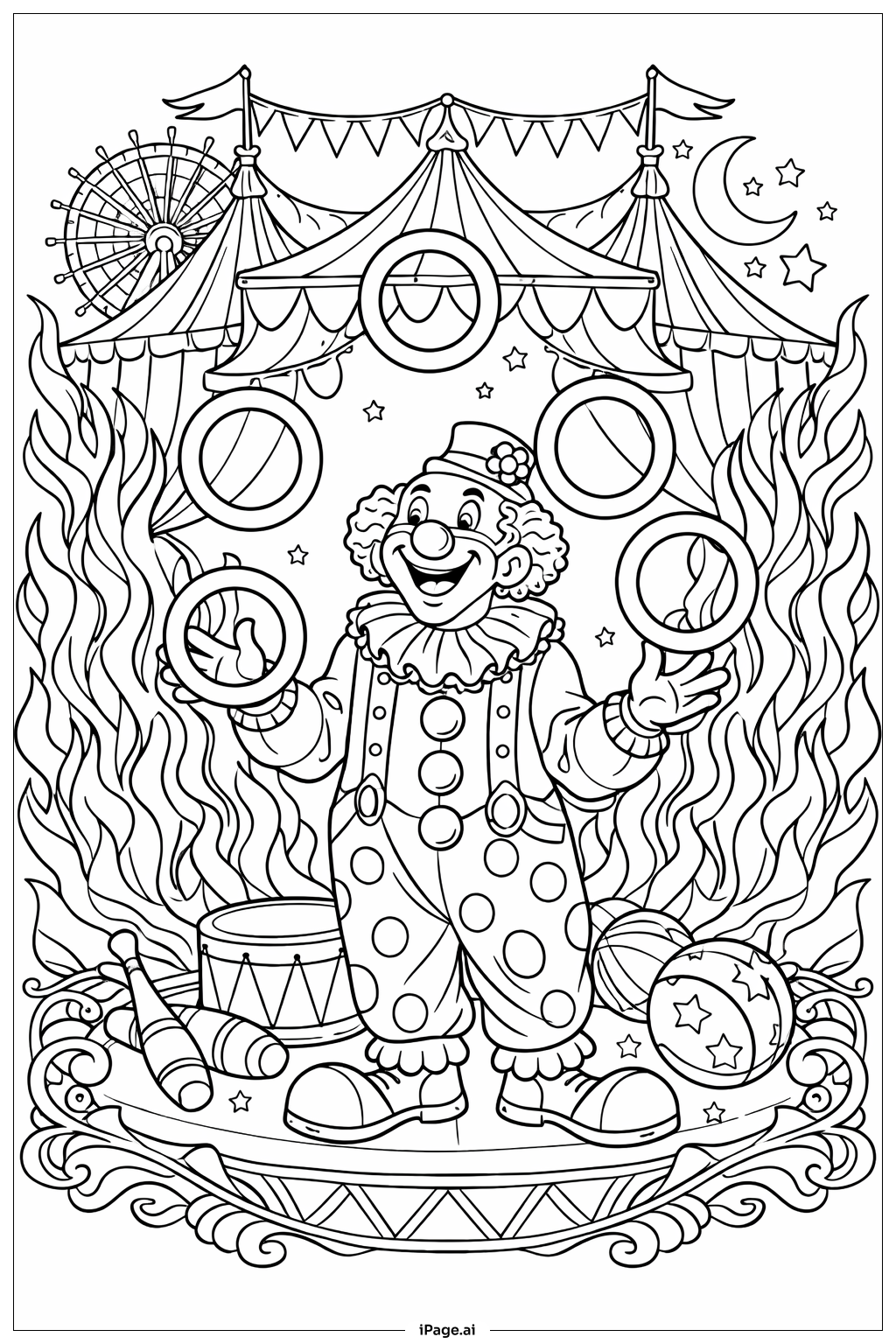 小丑杂耍火圈填色页
