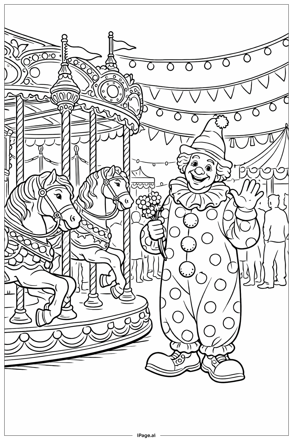 拿着旋转木马马匹的小丑填色页