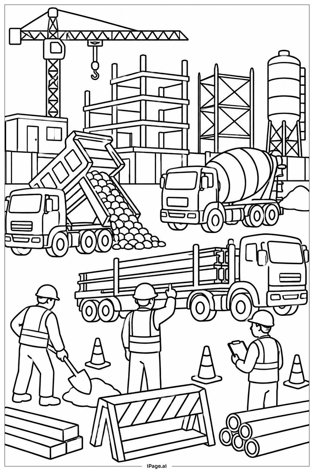 Construction Trucks Working Together Coloring Page