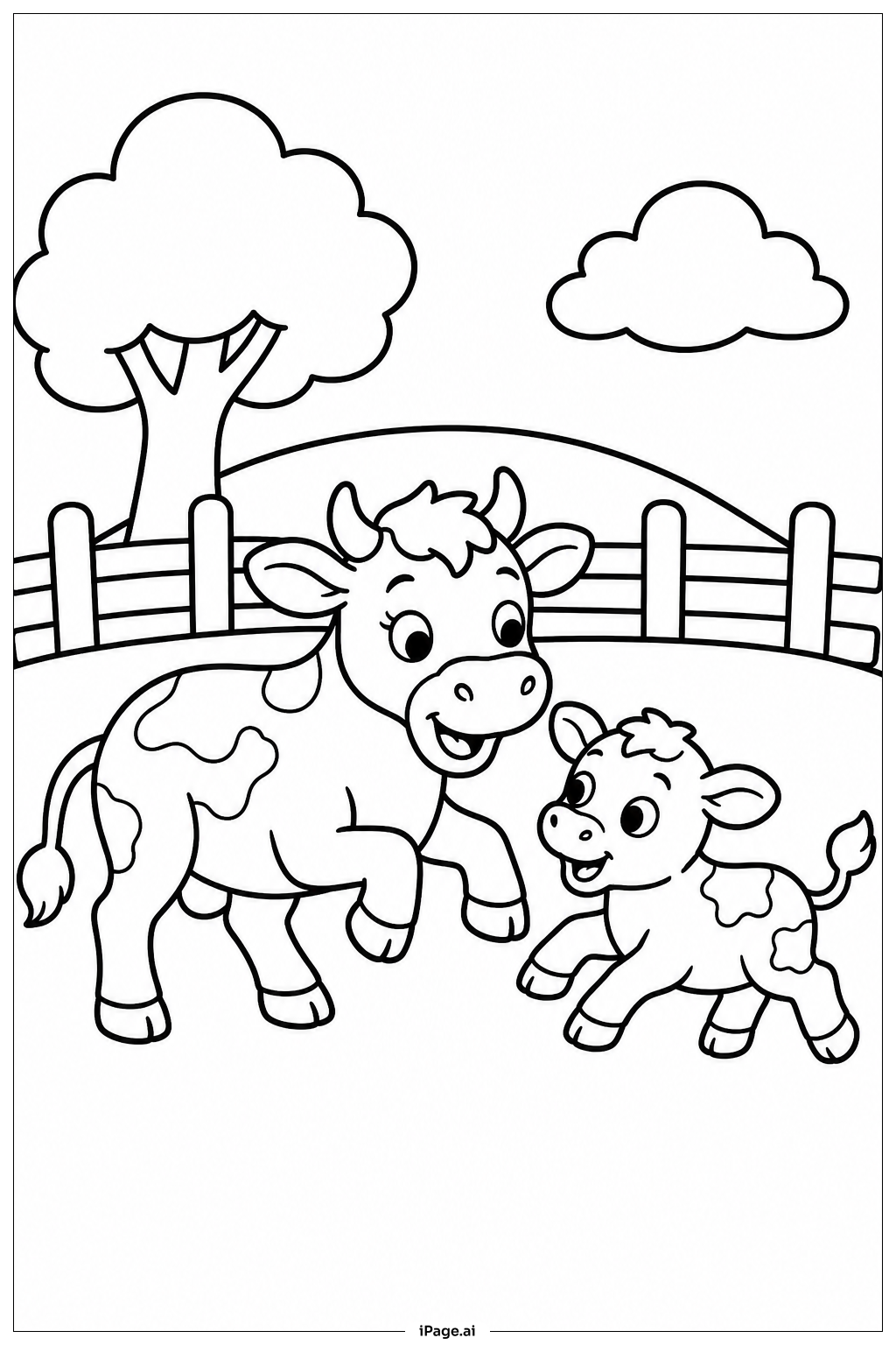  Página para colorir de Vaca e Bezerro Brincando 